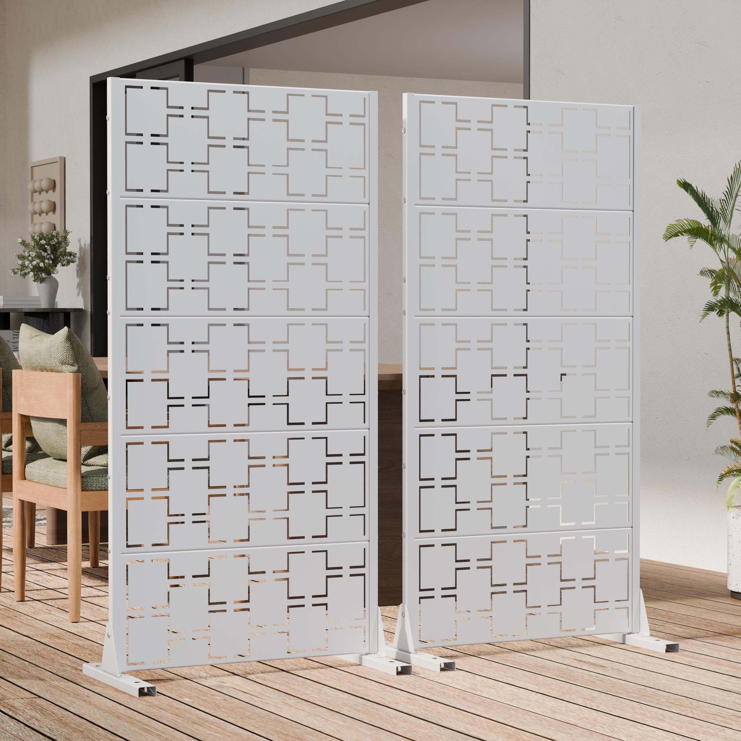 Outdoor Metal Privacy Screen 2 Panels Freestanding Decorative Privacy Panel With Planter Hooks Windproof Base 60 H X 60 W