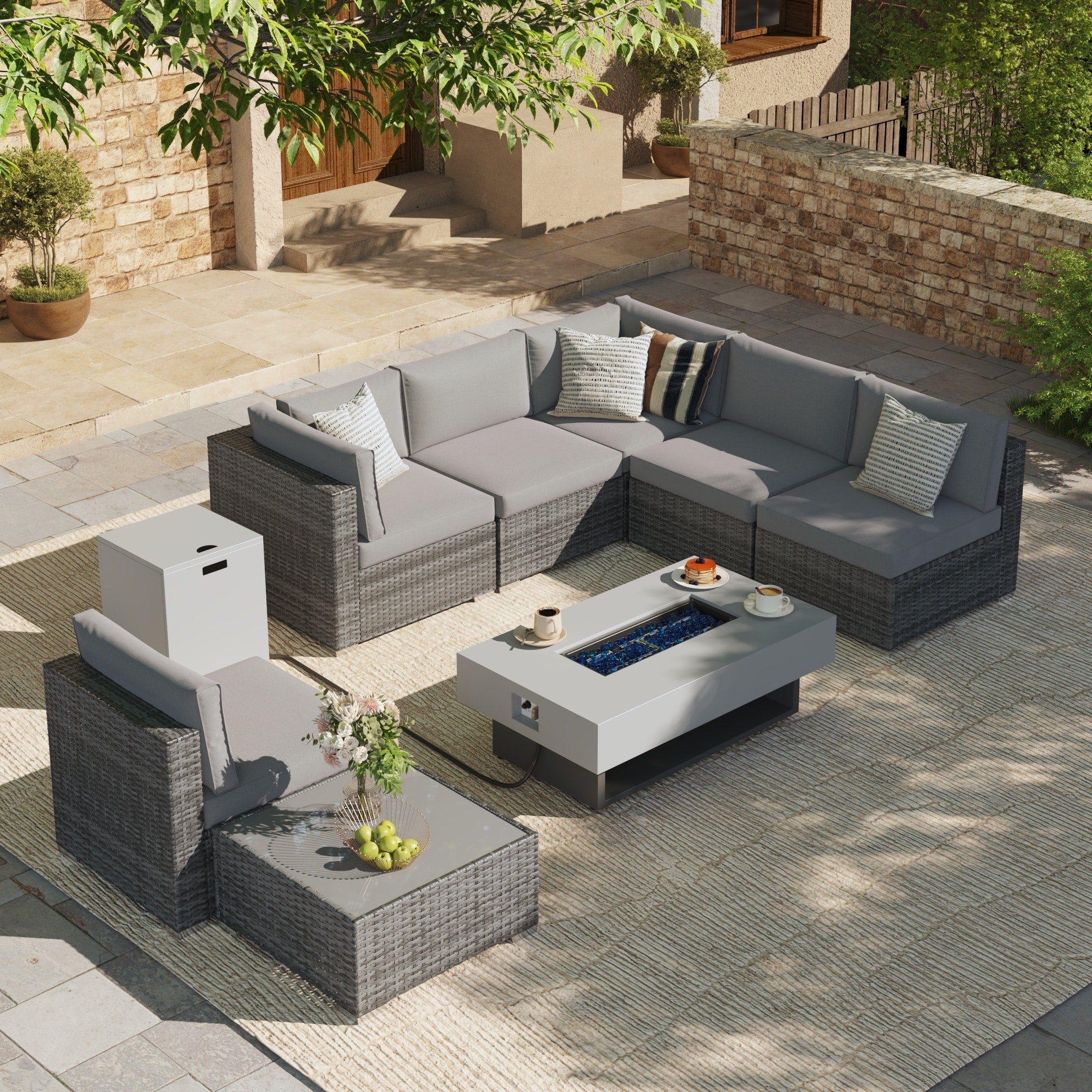 Outdoor Pe Rattan Patio Furniture Set With 50 000 Btu Propane Fire Pit Table Hidden Fuel Tank Wicker Sectional Conversation Set