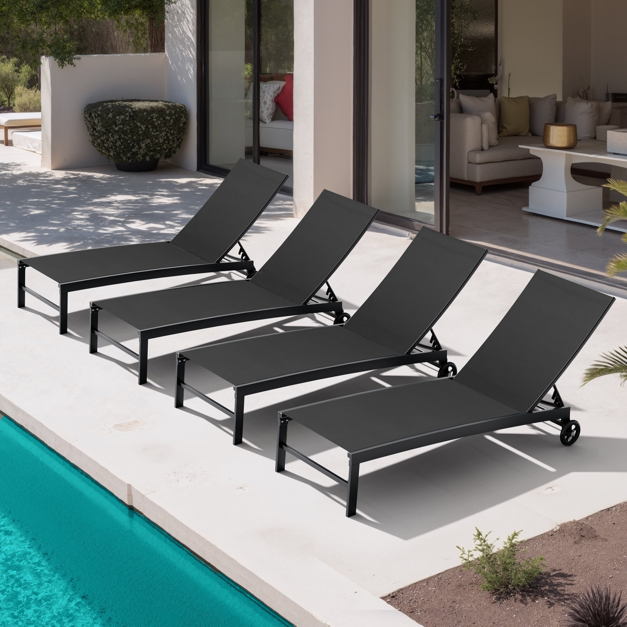 Outdoor Patio Aluminum 5 Position Adjustable Chaise Lounge Chairs With Wheels