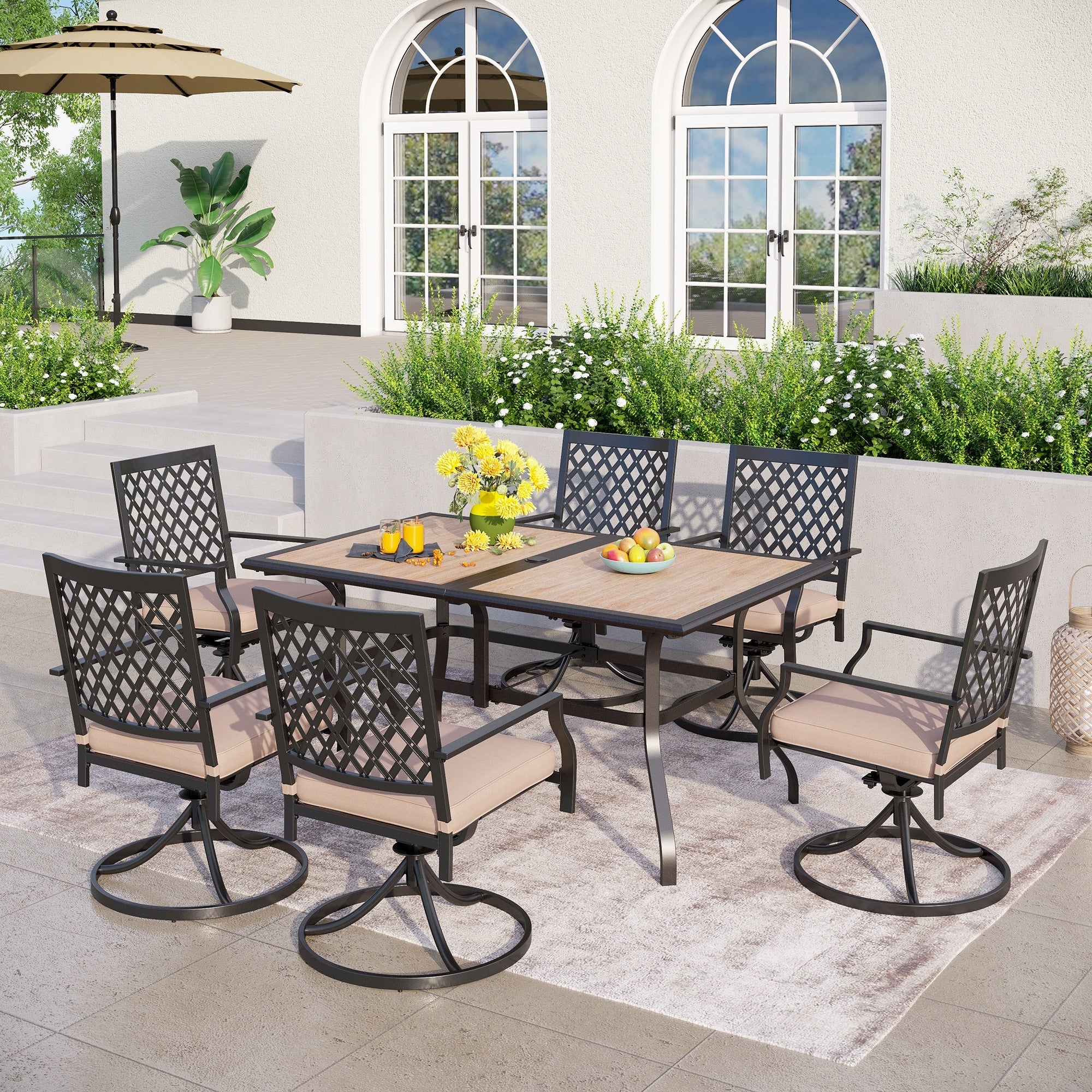 Phi Villa Outdoor Patio Dining Set With 6 Swivel Chairs And 1 Rectangular Umbrella Wood Like Table
