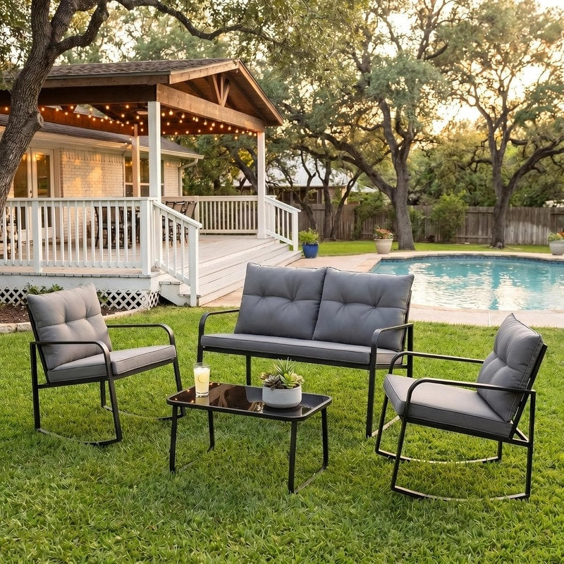 Outdoor Patio Furniture Set Modern Black Steel Conversation Set With Loveseat 4 Piece Rocking Patio Set