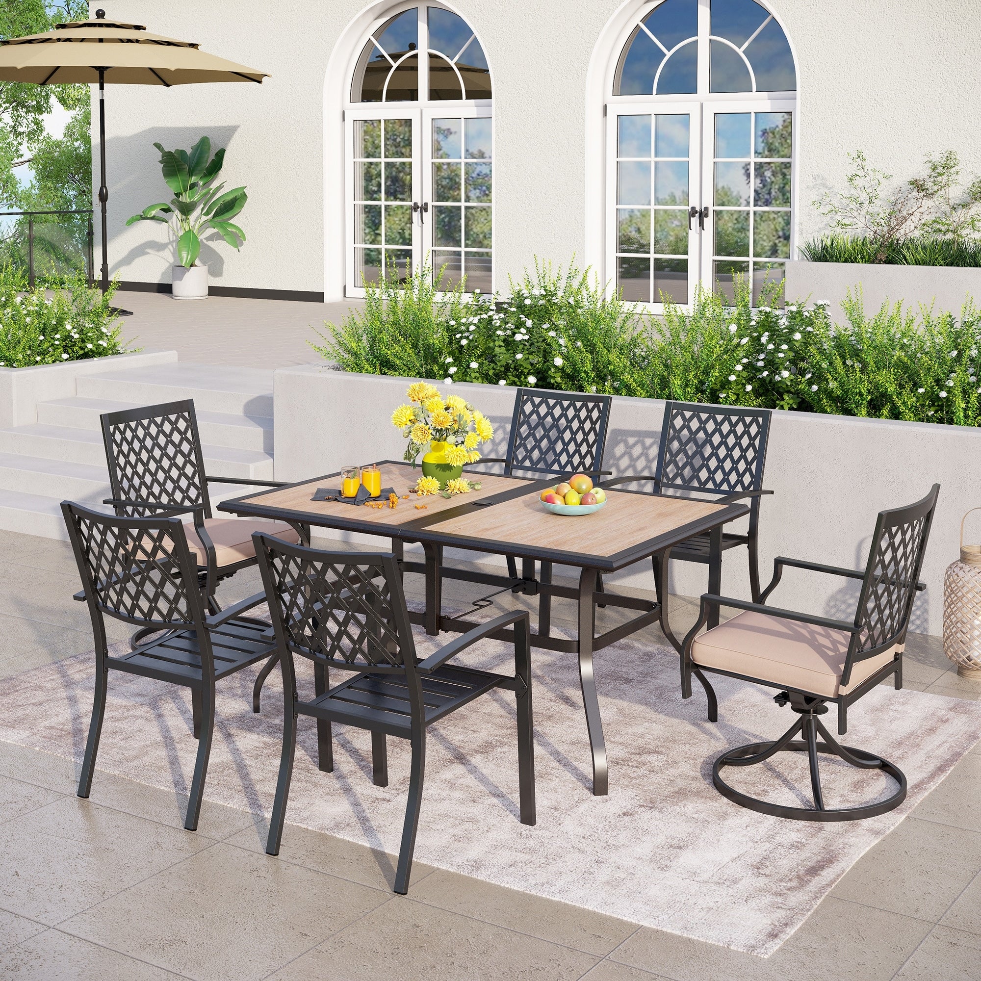 Phi Villa Outdoor Patio Rectangular Dining Table Set With 4 X Dining Chairs 2 X Swivel Chairs