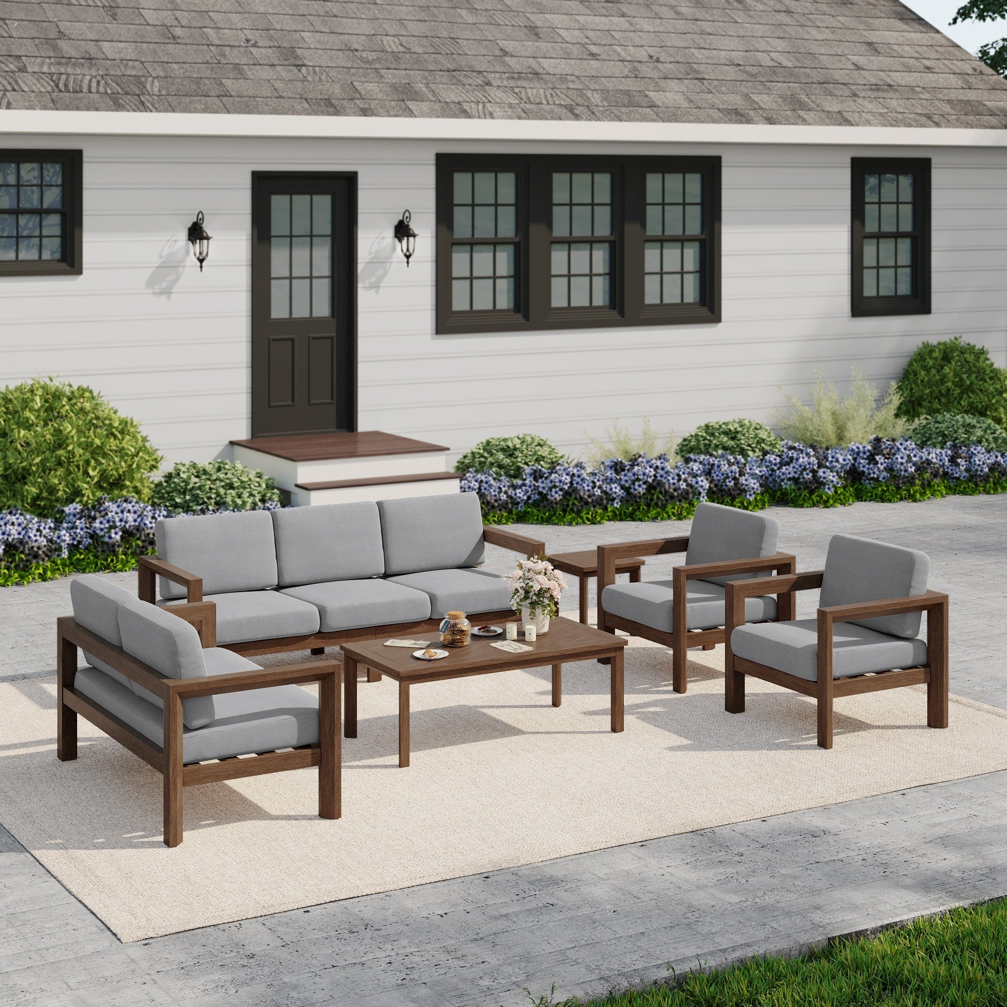 Outdoor Patio Wood Conversation Sofa Loveseat Chairs Set With Table
