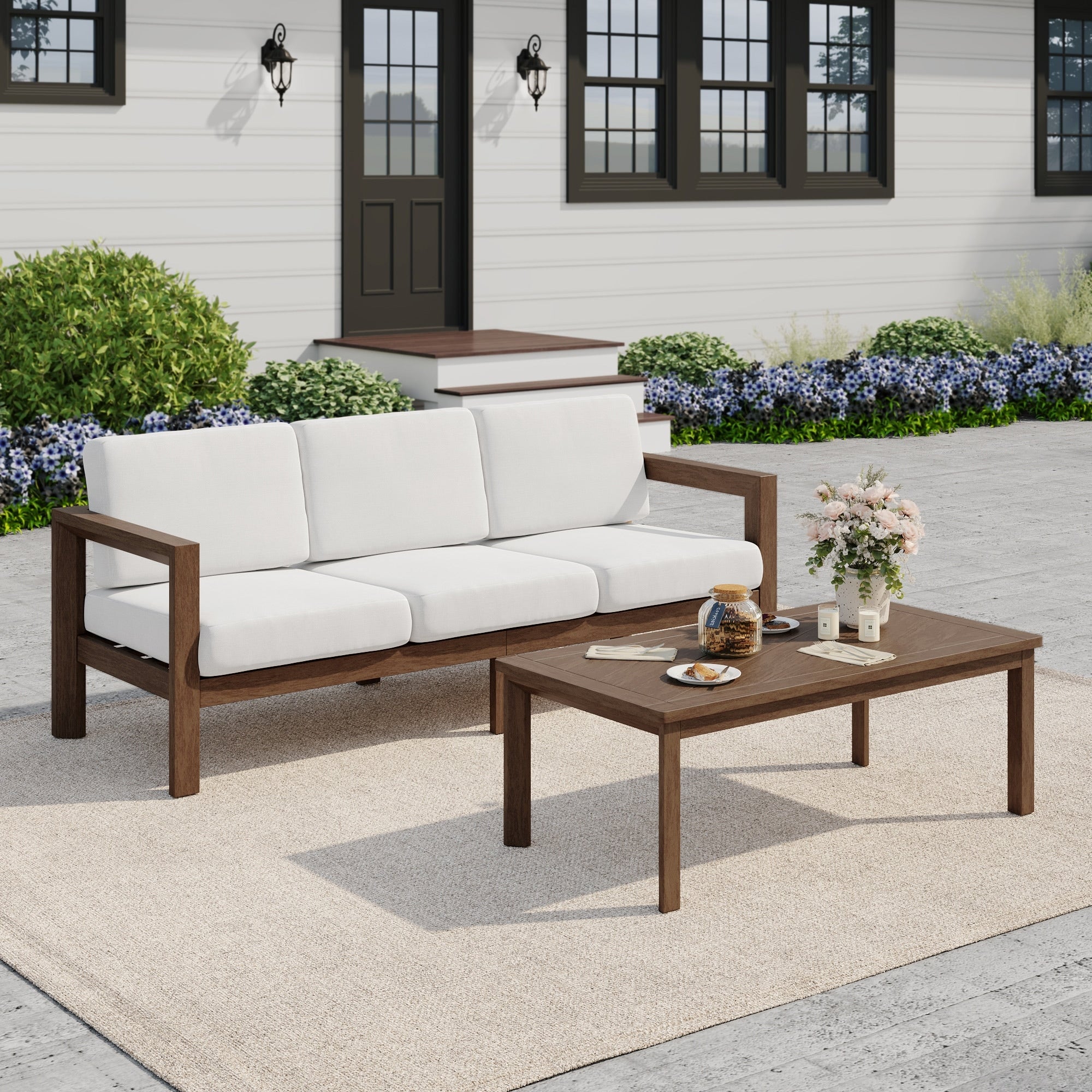 Outdoor Patio Wood Sofa Set With Coffee Table For Backyard Porch