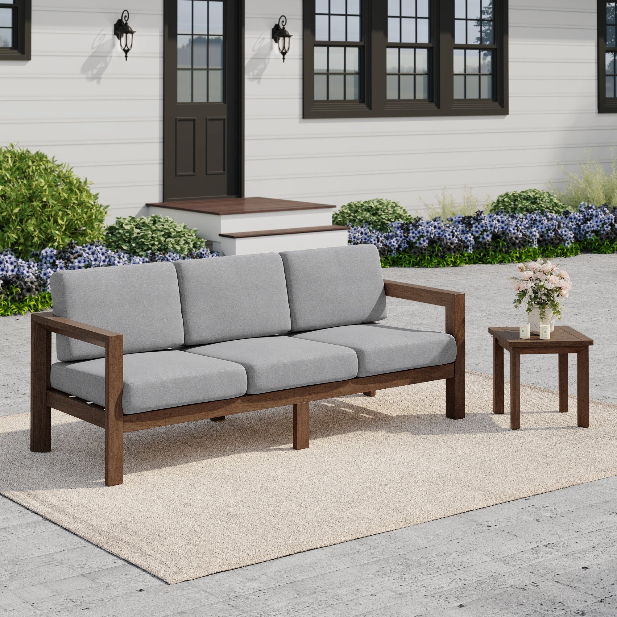 Outdoor Patio Wood Sofa Set With Side Table For Backyard Porch Garden