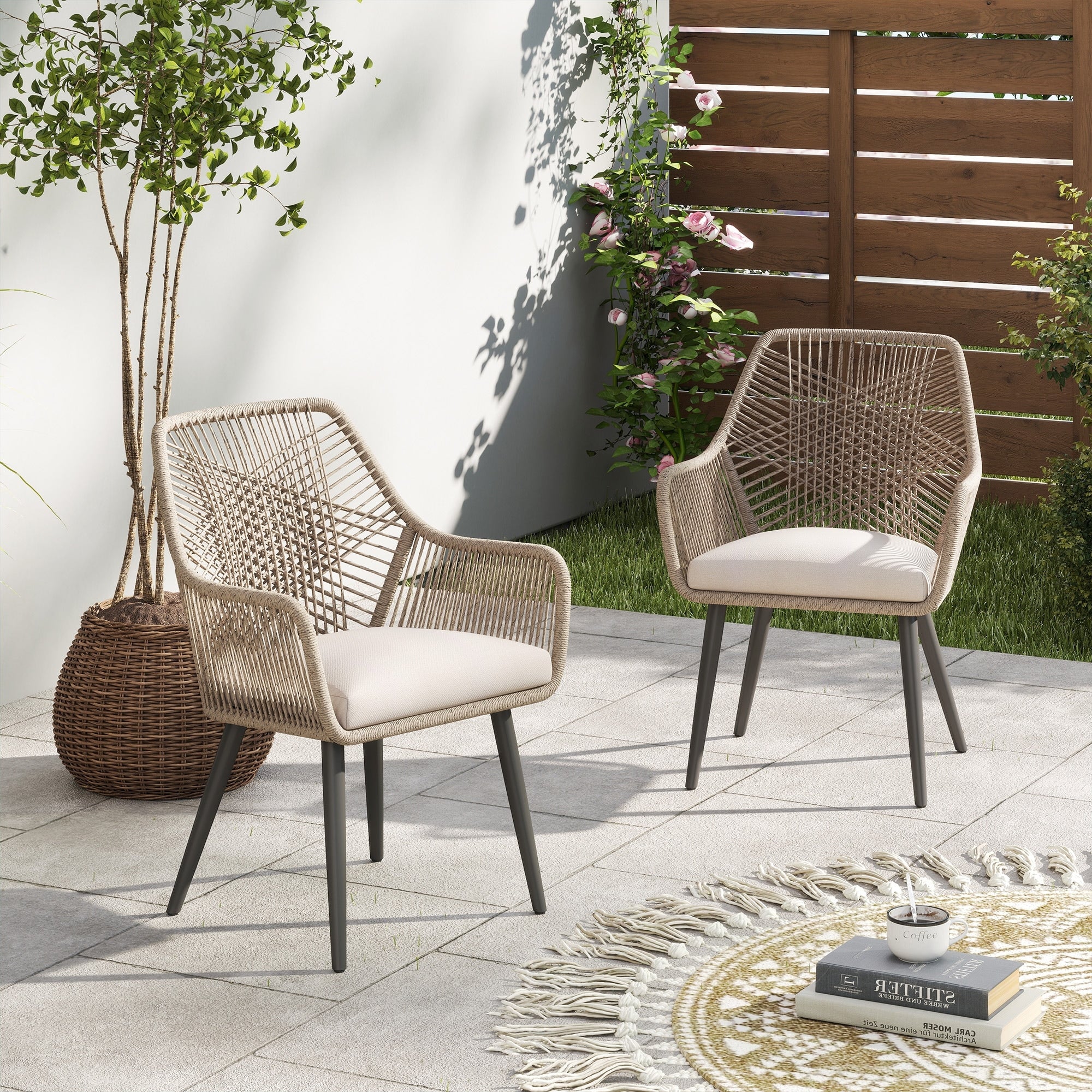 Outdoor Patio Woven Rope Dining Chairs With Armrest And Seat Cushions