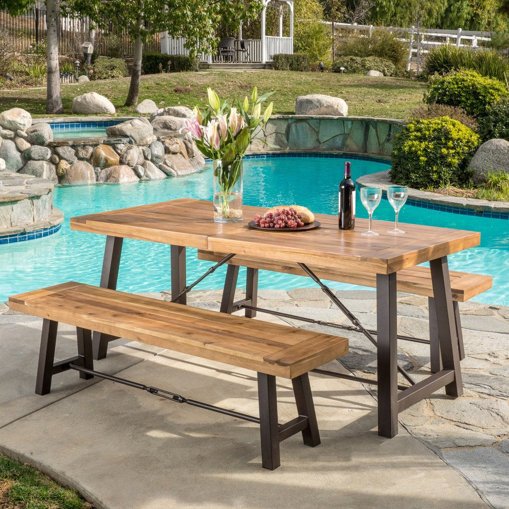 Outdoor Puerto Acacia Wood 3 Piece Picnic Dining Set By Christopher Knight Home
