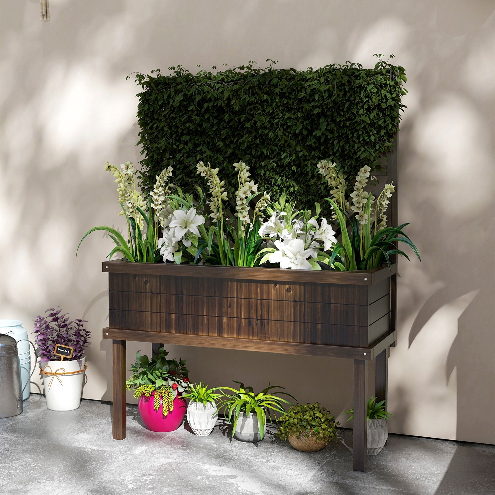 Outdoor Raised Garden Planter Box With Trellis Self Draining Design