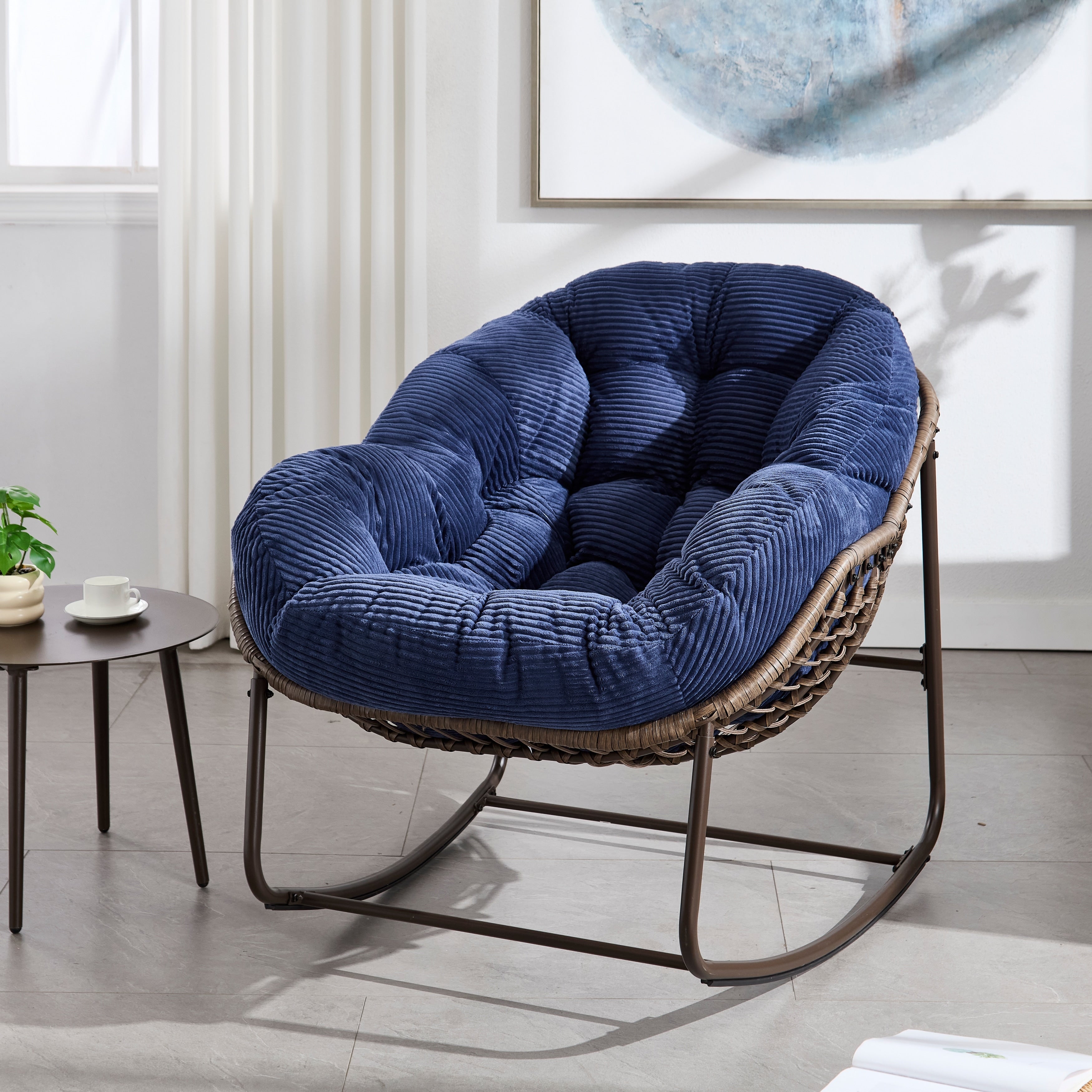 Outdoor Rattan Rocking Chair Padded Cushion Rocker Recliner Chair Outdoor For Front Porch Living Room Patio Garden Navy Blue