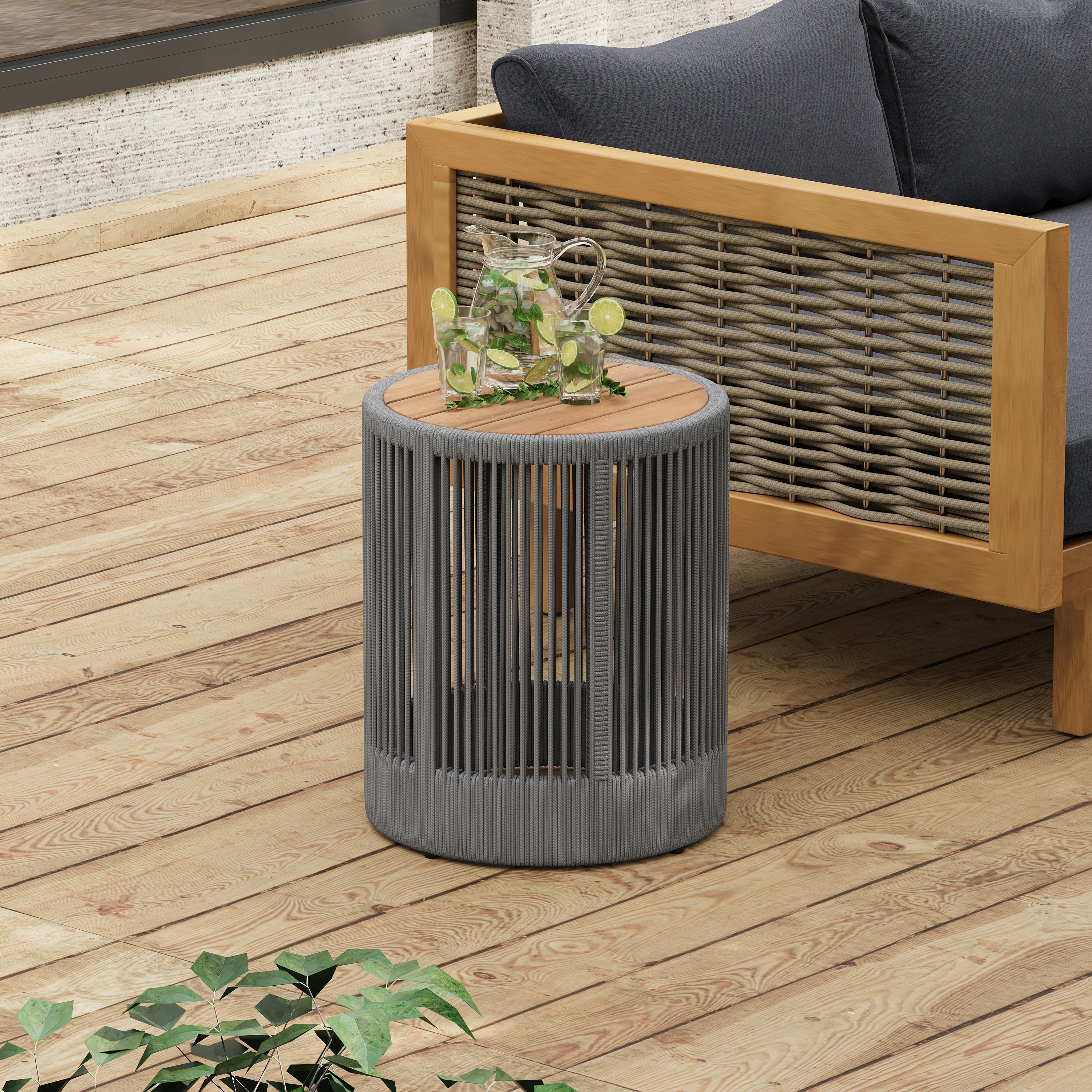 Outdoor Rattan Rope Acacia Wood Side Table