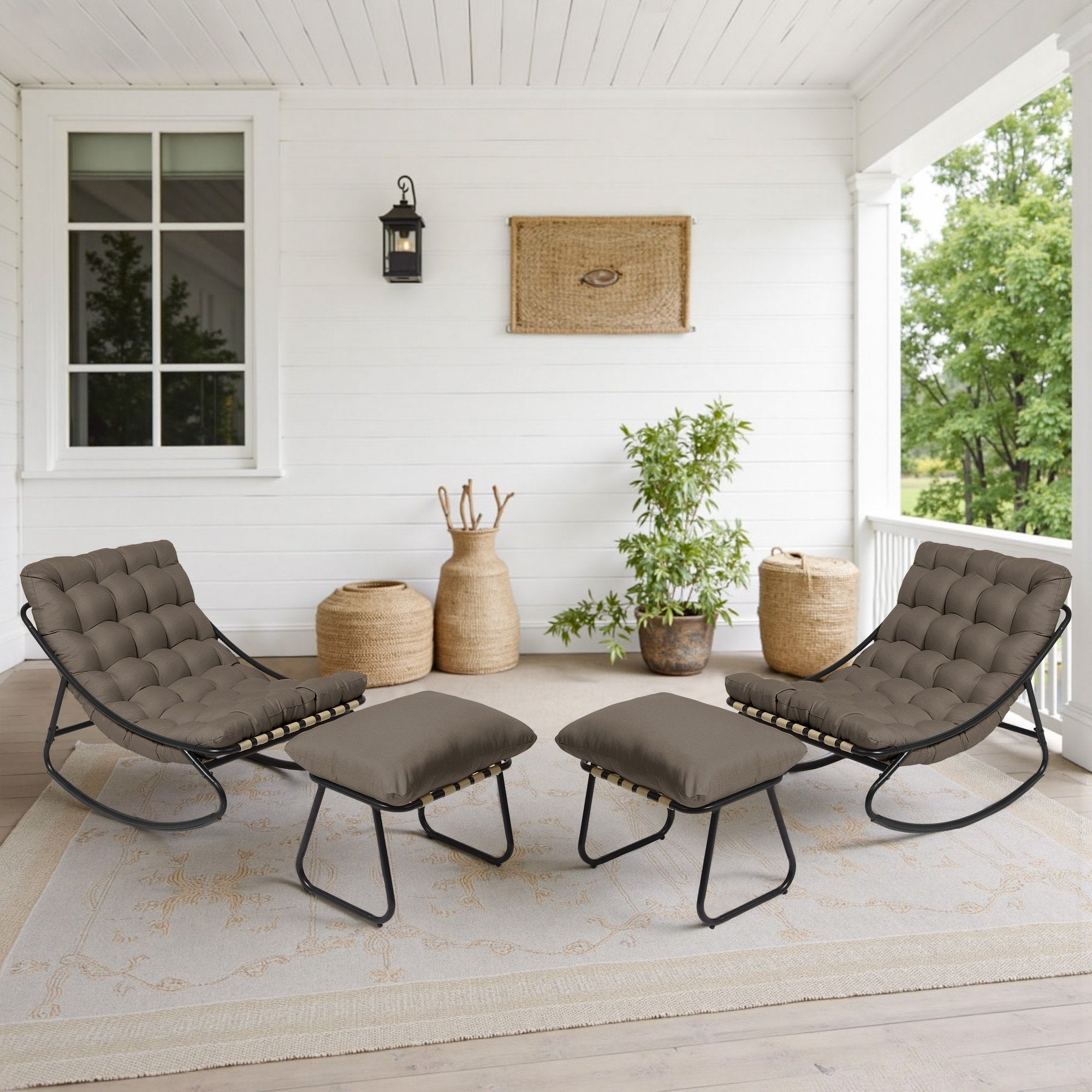 Outdoor Rocking Chaise Lounge Set With Ottoman And Cushions Set Of 2