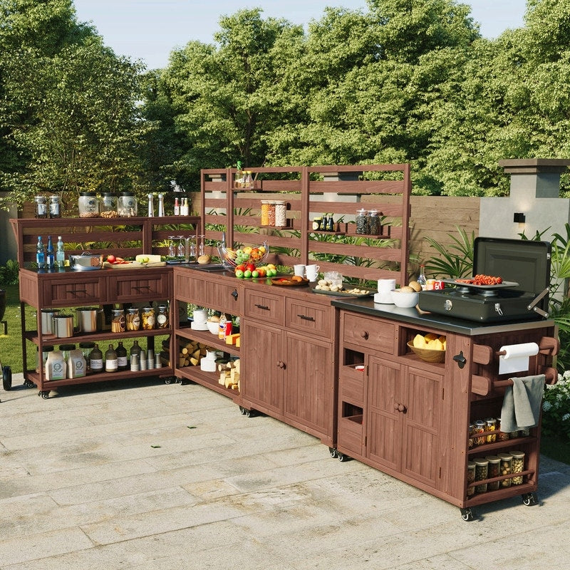 Outdoor Rolling Kitchen Island With Sink And Stainless Steel Faucet For Grilling And Food Prep