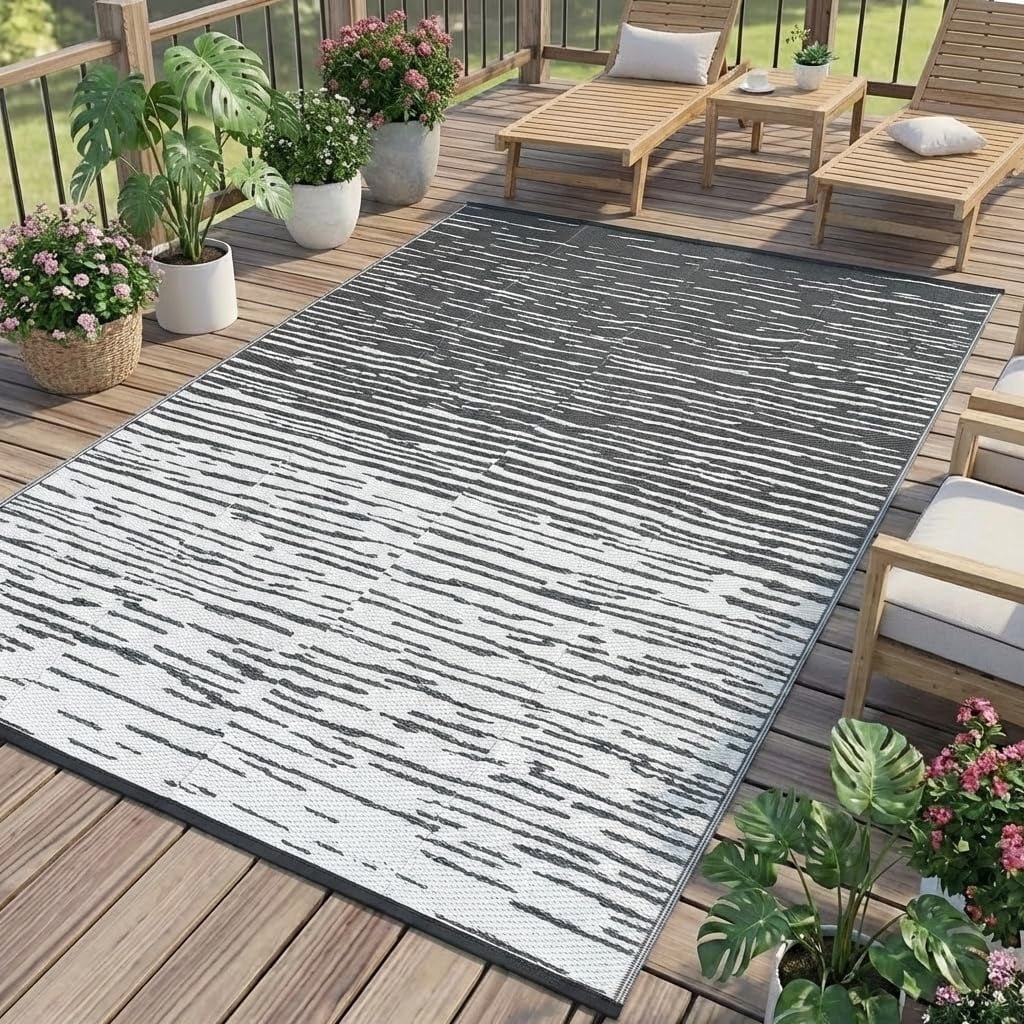 Outdoor Rug Waterproof Modern Striped Plastic Straw Rugs Foldable Camping Rugs For Outside Your Rv Reversible Uv 6 X 9