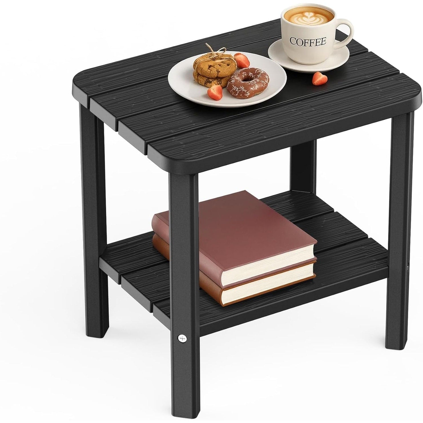Outdoor Side Table End Table 2 Tier Waterproof Resin Patio Table Square End Table With Shelf For Porch Balcony Garden