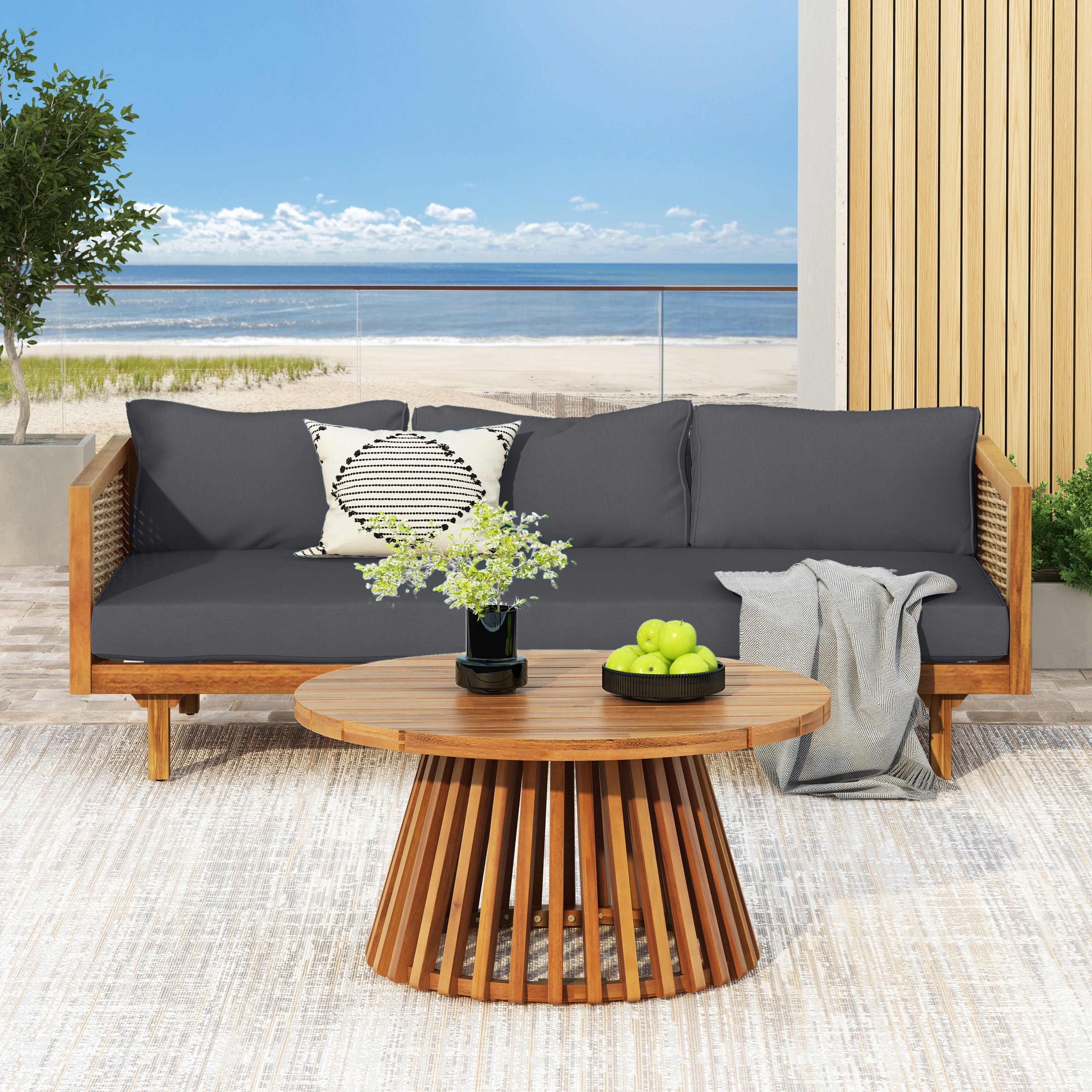 Outdoor Sofa Set With 3 Seater Sofa Coffee Table Dark Grey Patio Conversation Set For Poolside Backyard