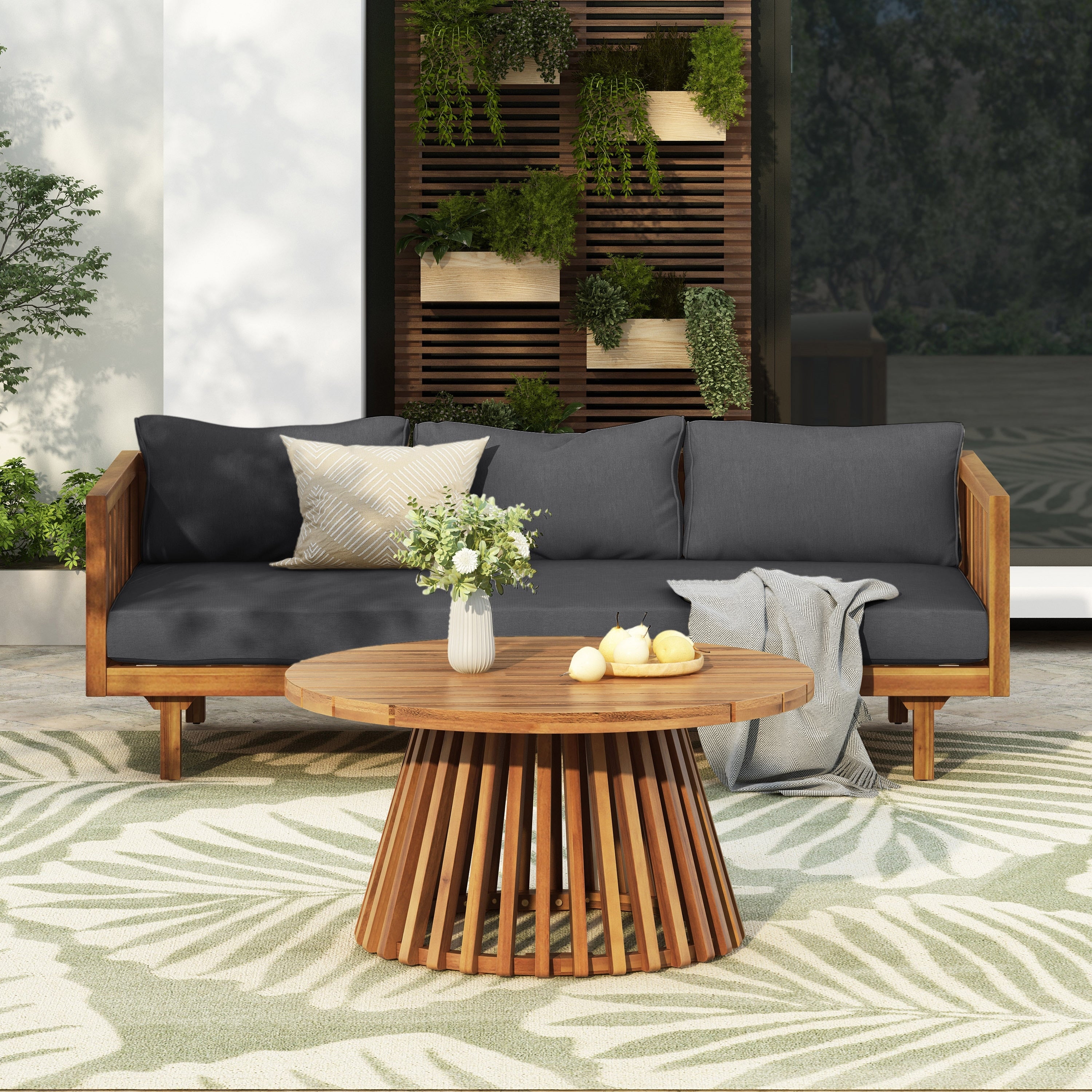 Outdoor Sofa Set With 3 Seater Sofa Coffee Table Dark Grey Teak Patio Conversation Set For Poolside Backyard