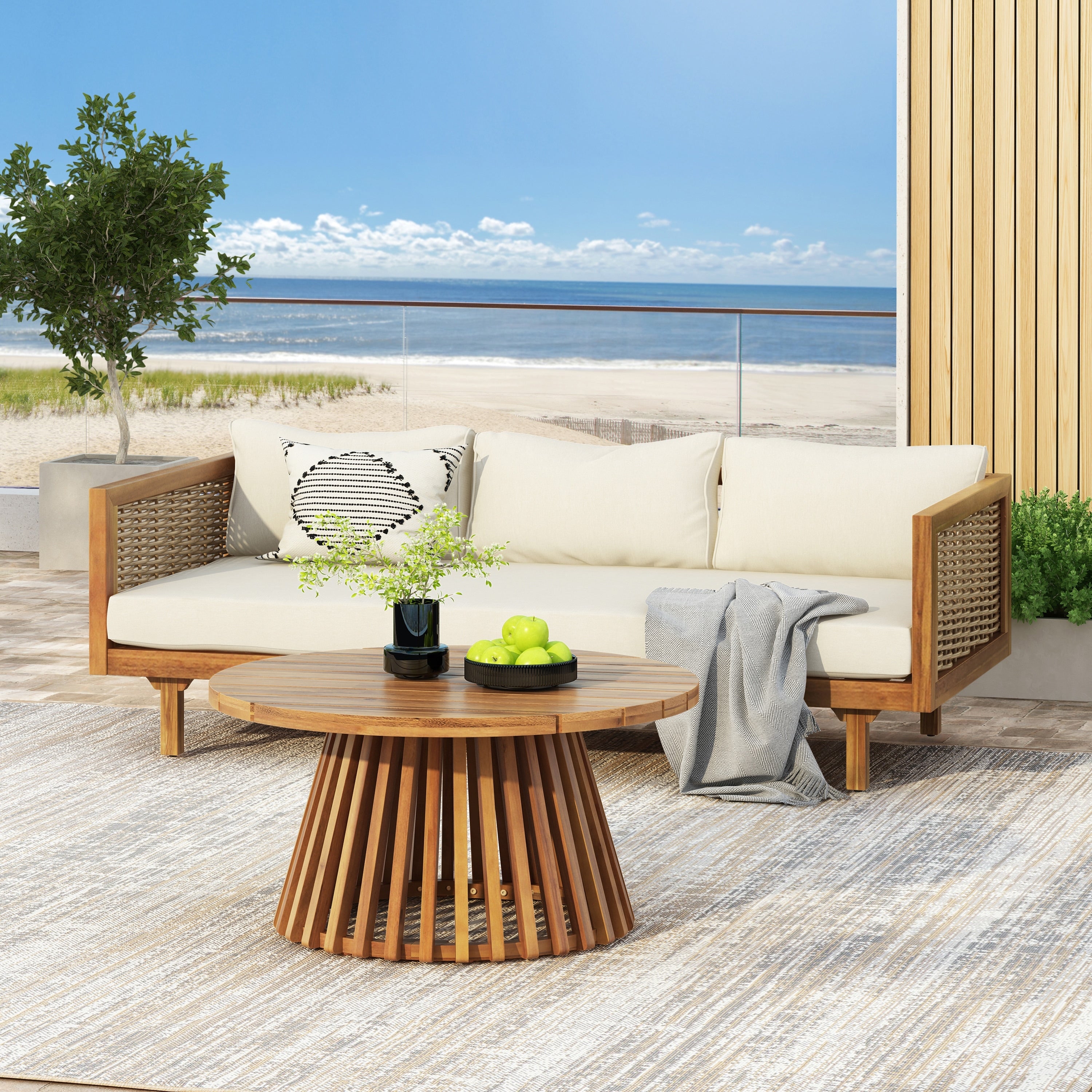 Outdoor Sofa Set With 3 Seater Sofa Coffee Table Teak Beige Patio Conversation Set For Poolside Backyard
