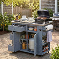 Outdoor Solid Wood Extendable Kitchen Island With Stainless Steel Top Side Spice Rack Drawers Storage Cabinet