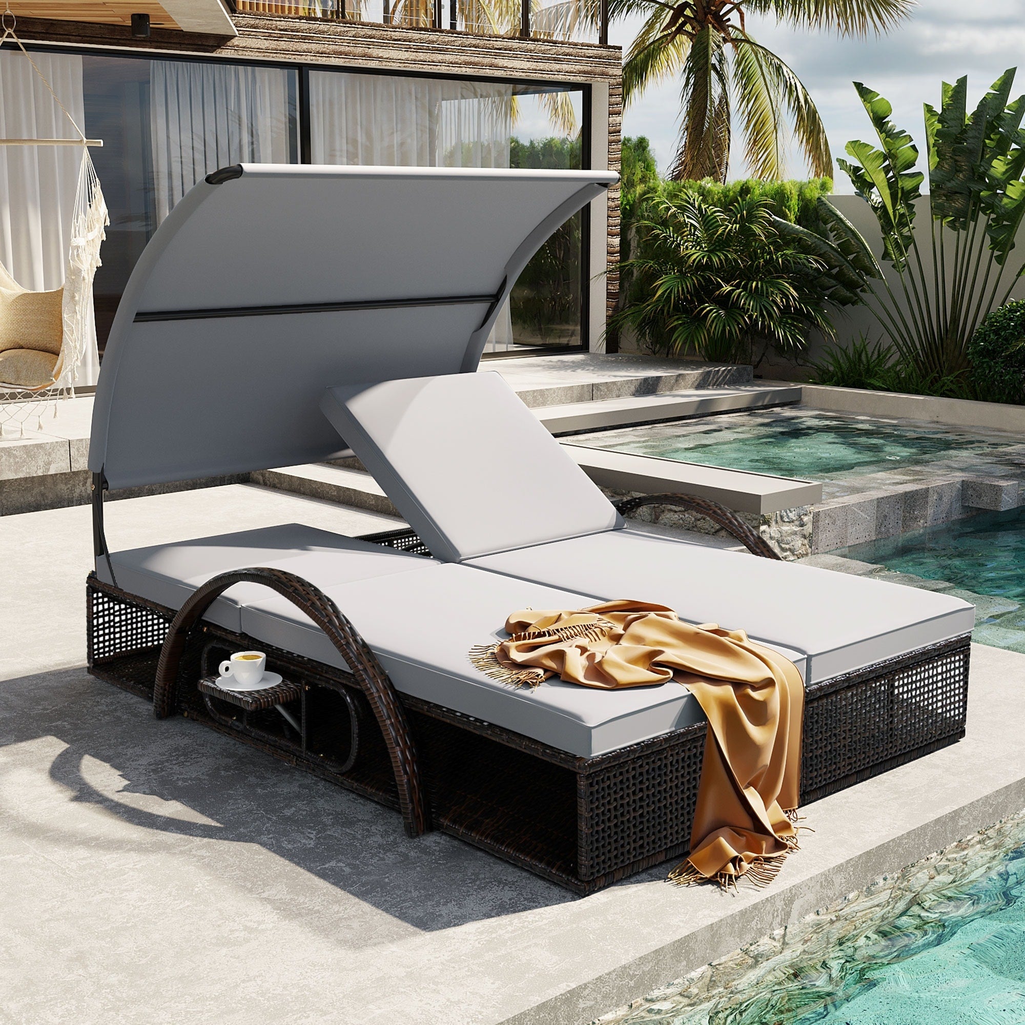 Outdoor Steel Frame Sun Lounger With Adjustable Backrest Patio Double Sunbed With Hidden Side Table And Arched Armrests