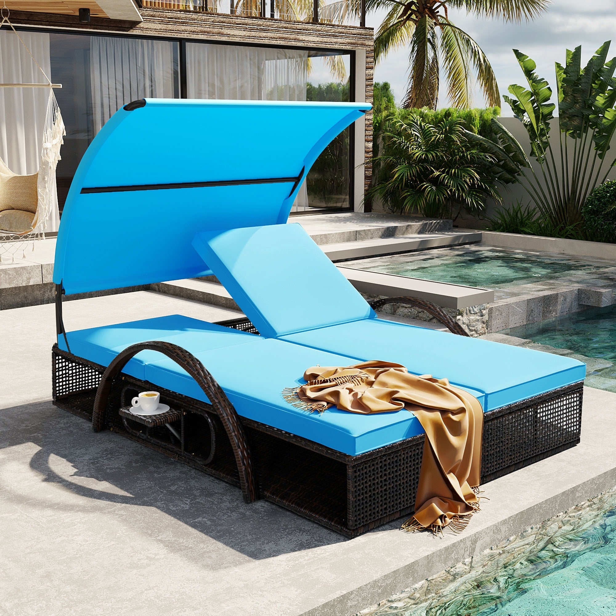 Outdoor Steel Frame Sun Lounger With Adjustable Backrest Patio Double Sunbed