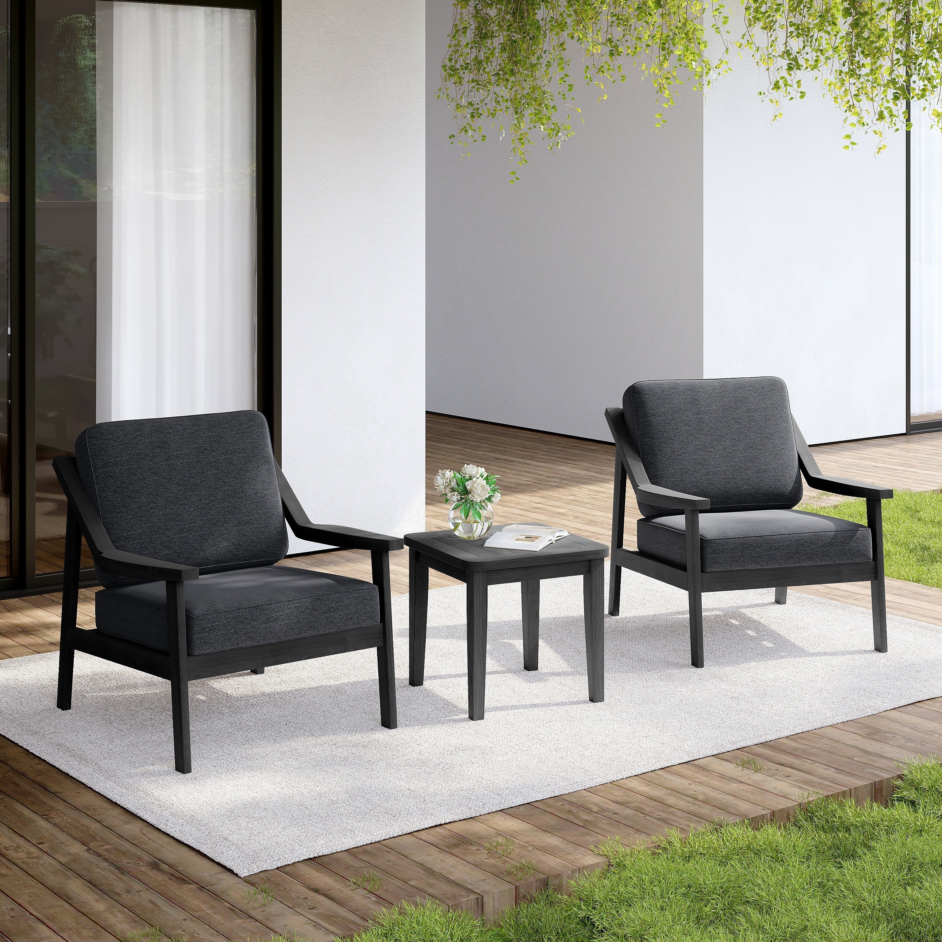 Outdoor Teak Wood Cushioned Patio Set Of 2 Accent Chair With Side Table