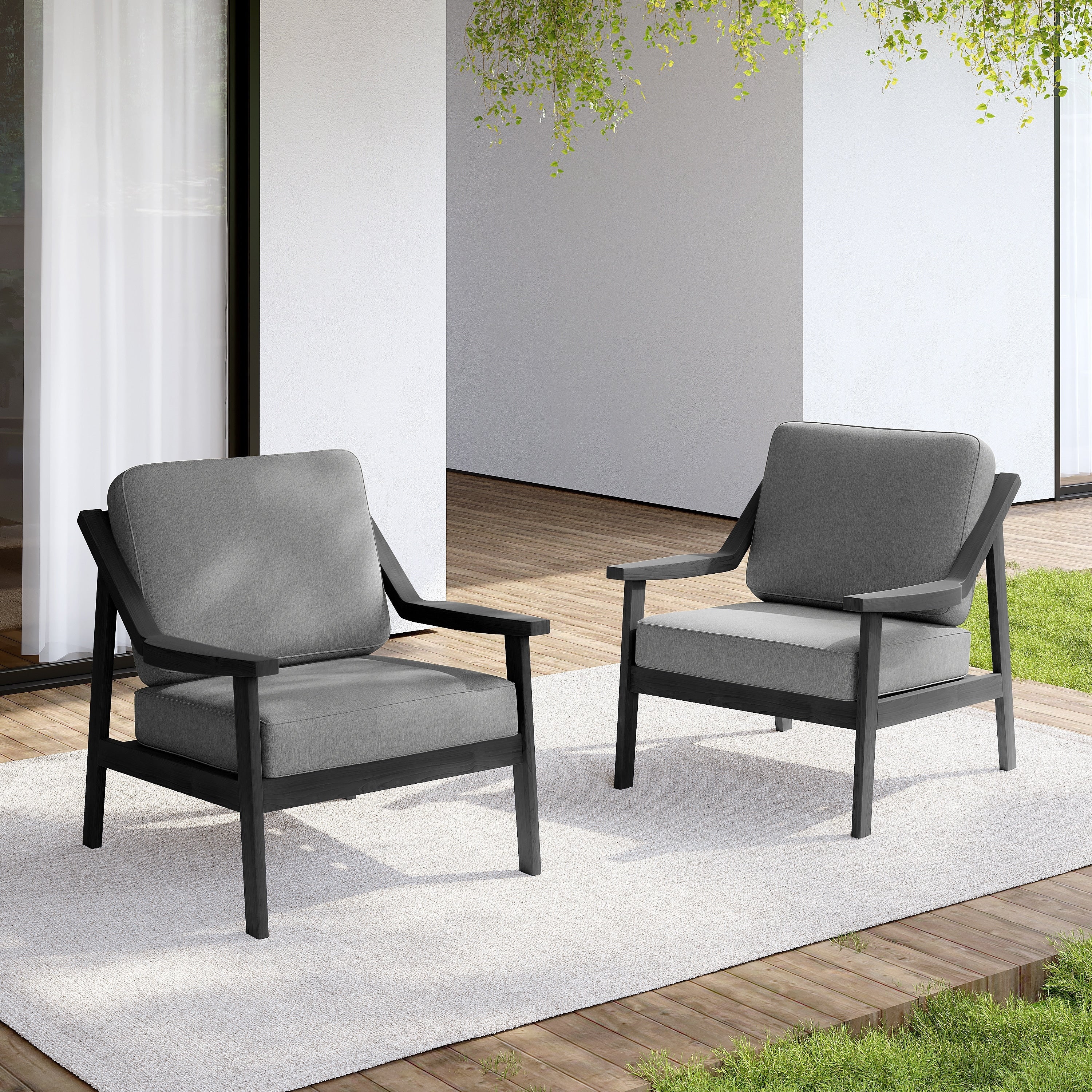 Outdoor Teak Wood Patio Chair With Cushion Set Of 2