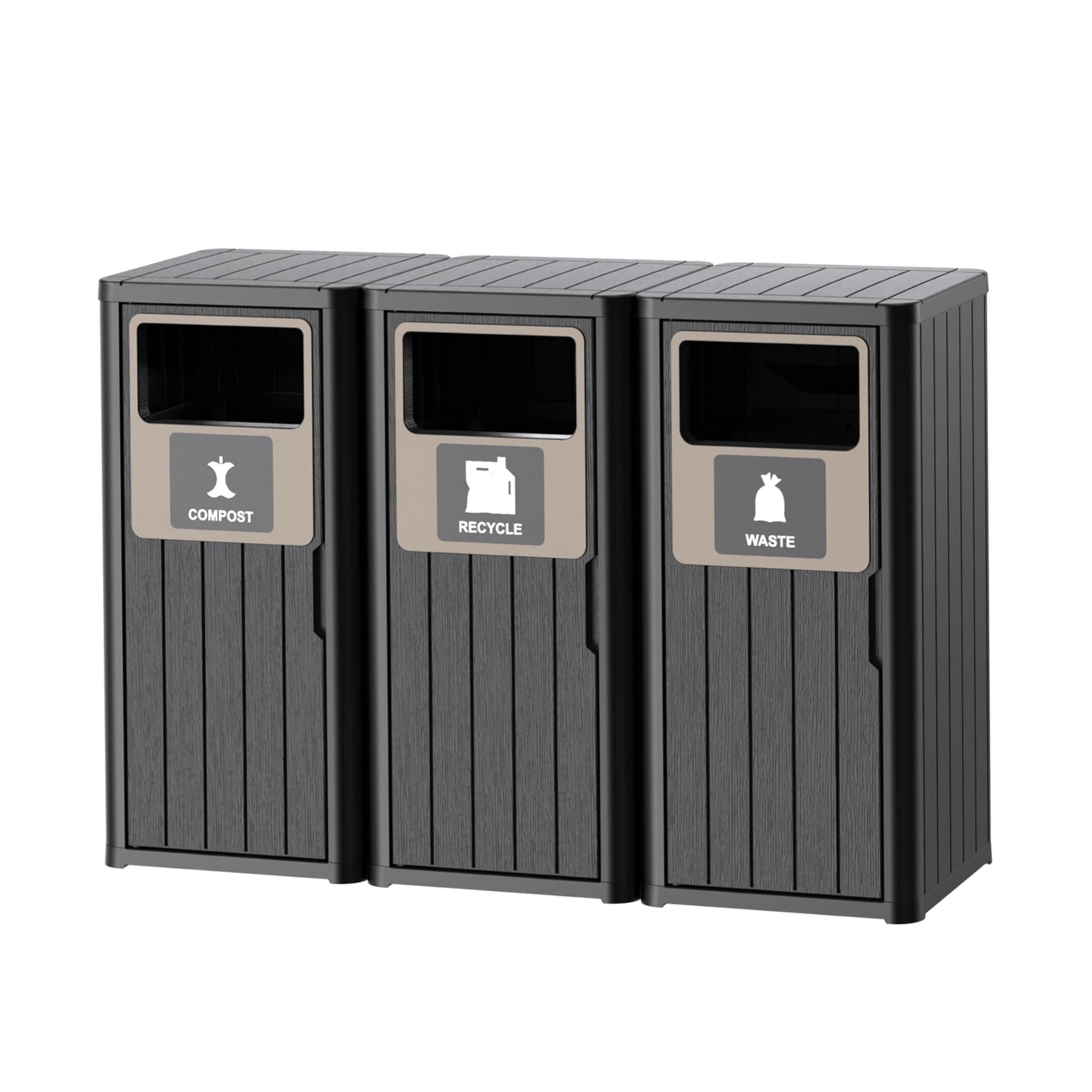 Outdoor Tripple Barrel Trash Can Waterproof Resin Garbage Can With Garbage Labels Durable Waste Bin For Porch Backyard