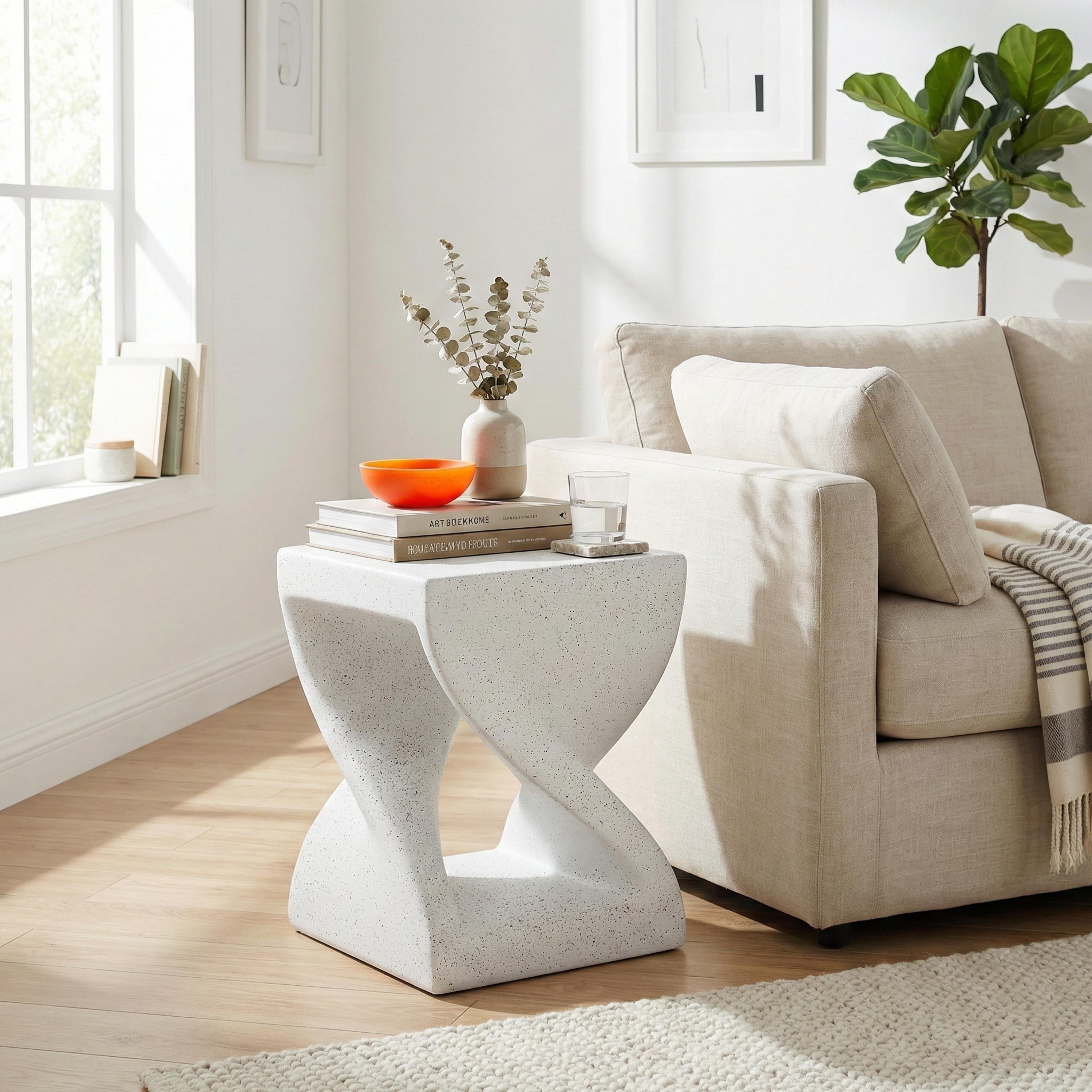 Outdoor White Marble Modern Twisted Base Terrazzo Speckled All Weather Mgo Side Table Indoor End Table For Home