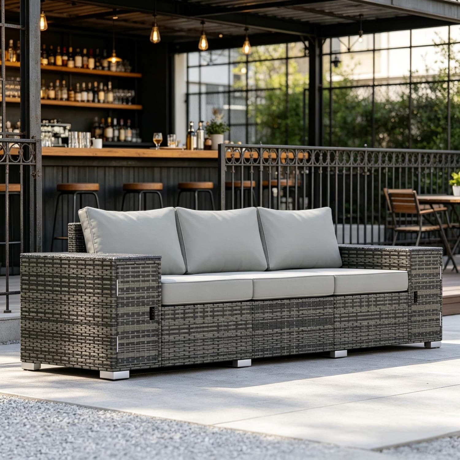 Outdoor Wicker 3 Seater Sofa With Wide Armrests And Steel Frame