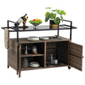 Outdoor Wicker Bar Cart With Glass Top And Removable Ice Bucket For Backyard