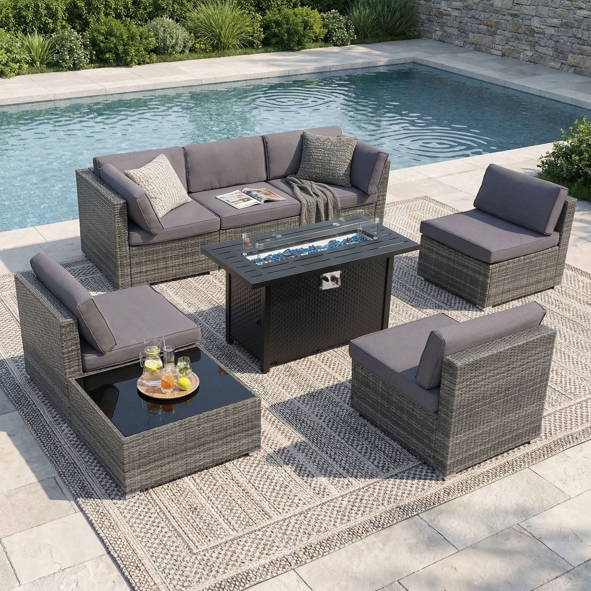 Outdoor Wicker Sectional Sofa 8 Piece Set With Fire Pit Table