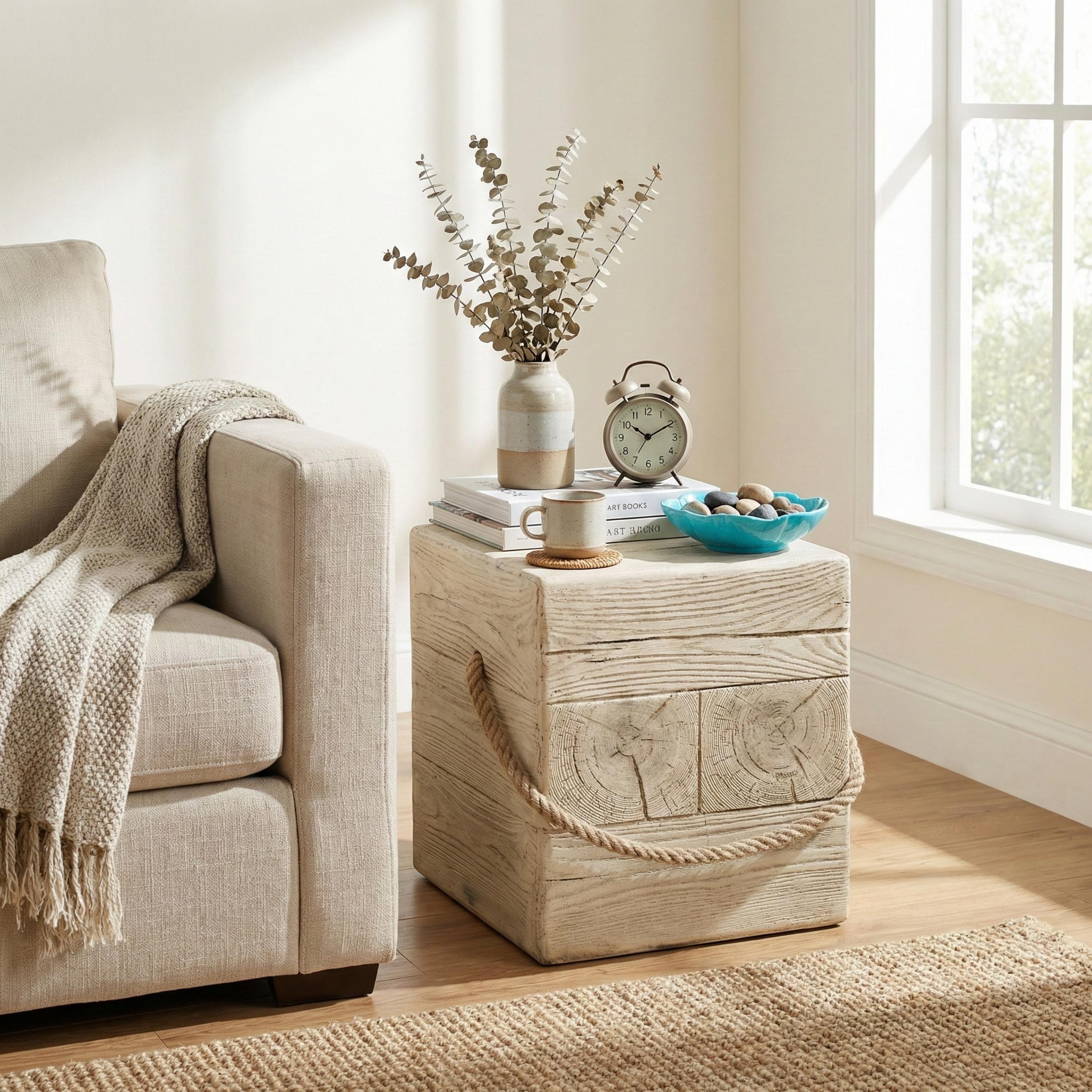 Outdoor Wood Grain Square Mgo Side Table With Simulated Braided Cord Indoor Retro End Table For Home Patio Decor