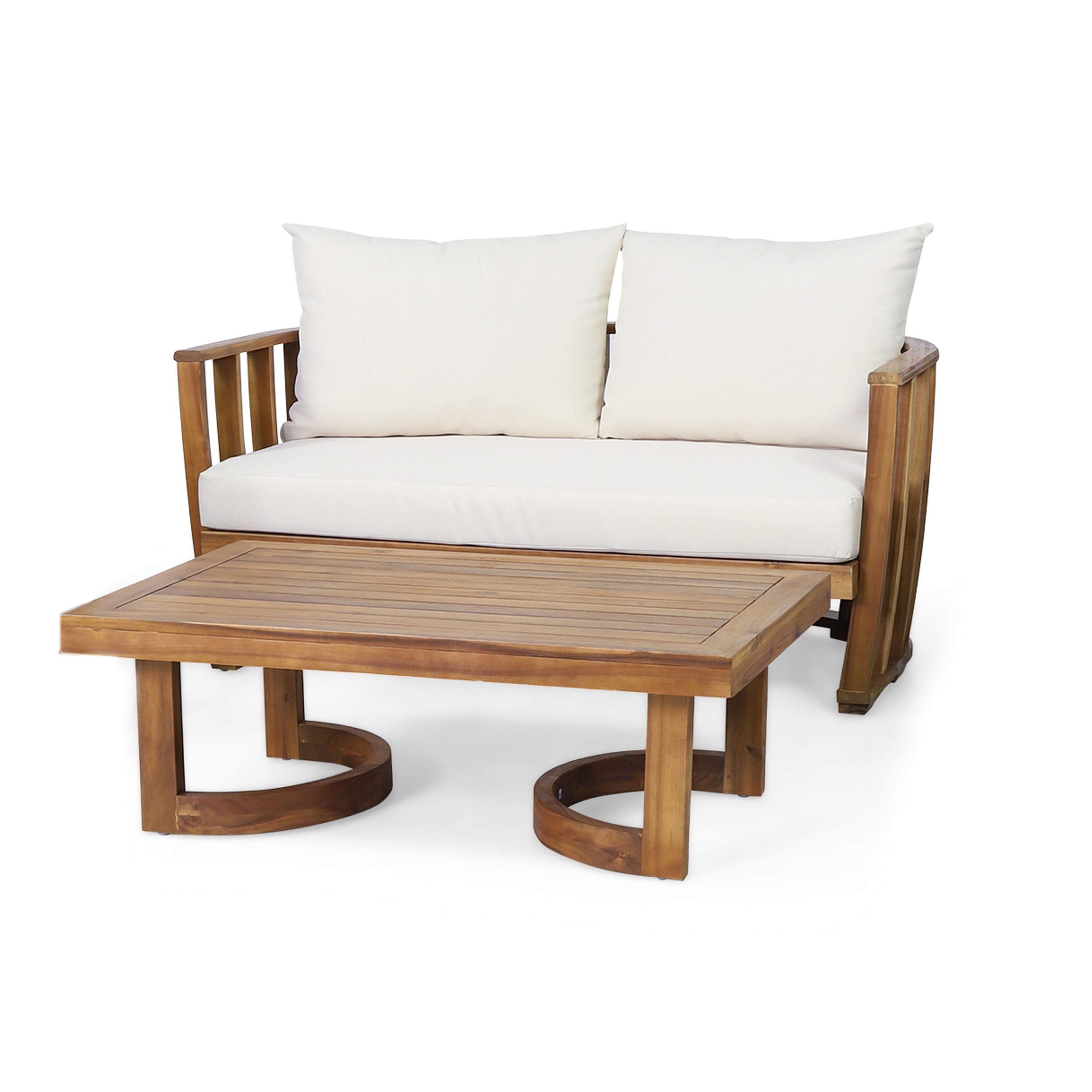 Outdoor Wood Loveseat And Coffee Table Set With Cushions Beige Brown Patio Conversation Set For Backyard