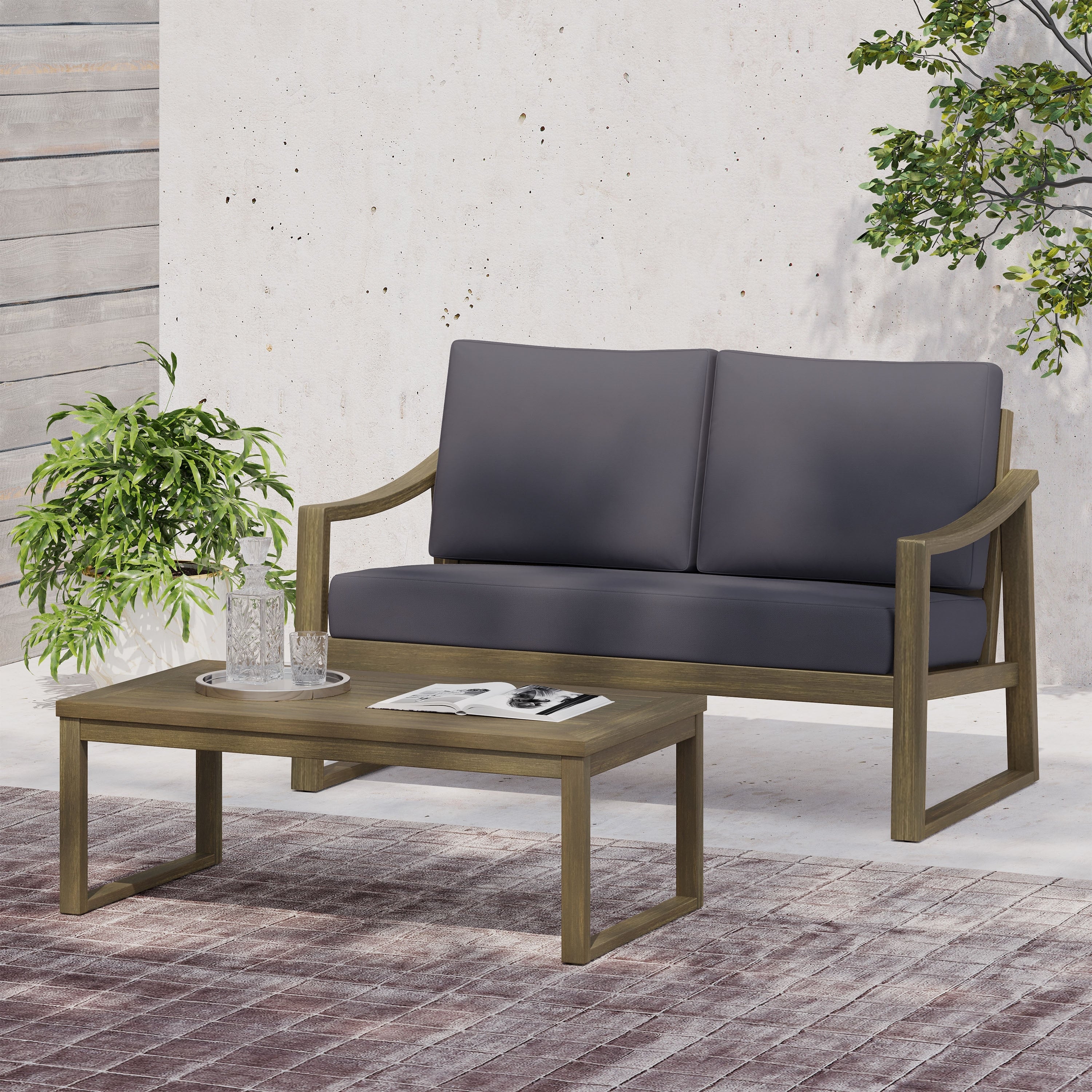 Outdoor Wood Loveseat And Coffee Table Set With Sloped Armrests Patio Conversation Set With Cushions