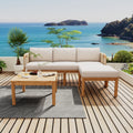 Outdoor Wood Sofa Set With Upholstered Ottoman And Coffee Table Patio Conversation Set For Porch Poolside
