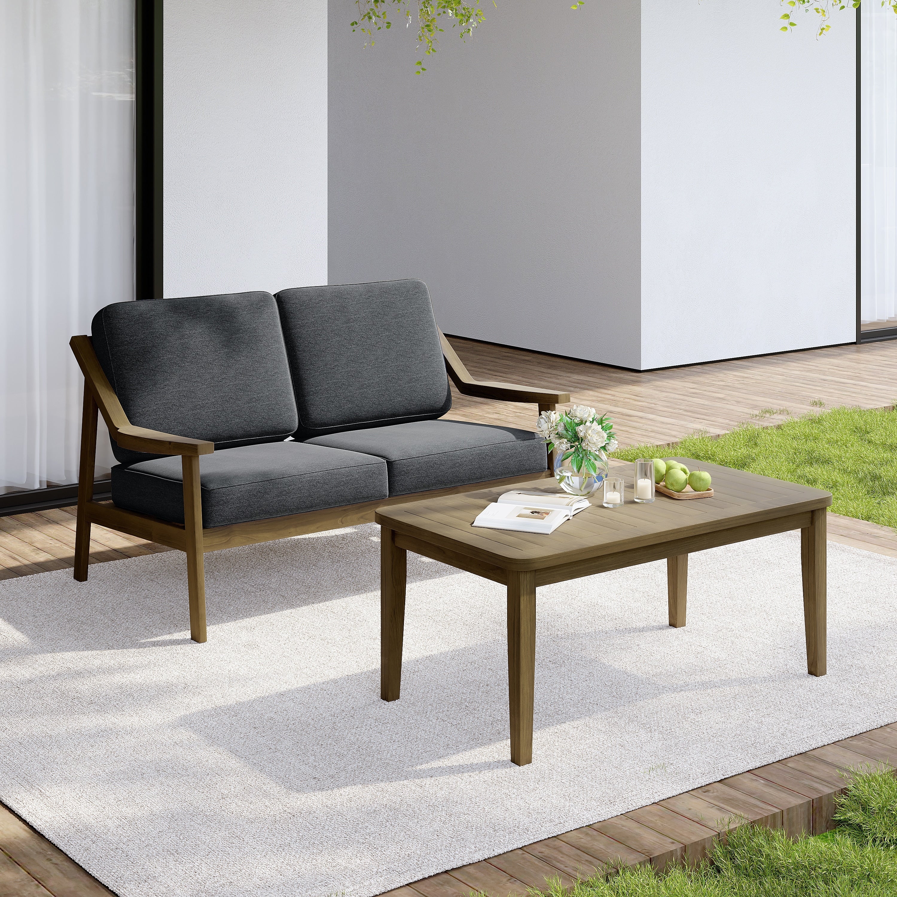 Outdoor Wood Teak Cushioned Patio 2 Seater Loveseat With Coffee Table