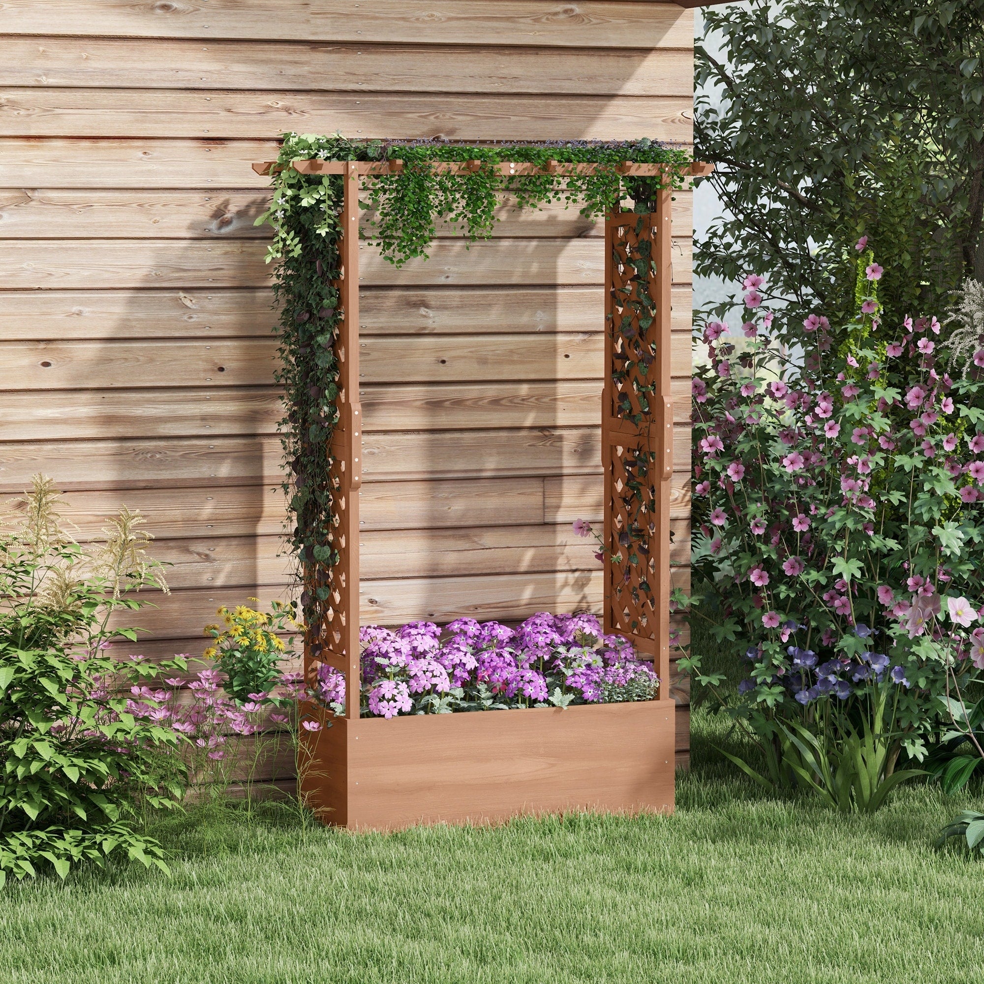 Outdoor Wooden Raised Planter Box With Arch Trellis Self Draining