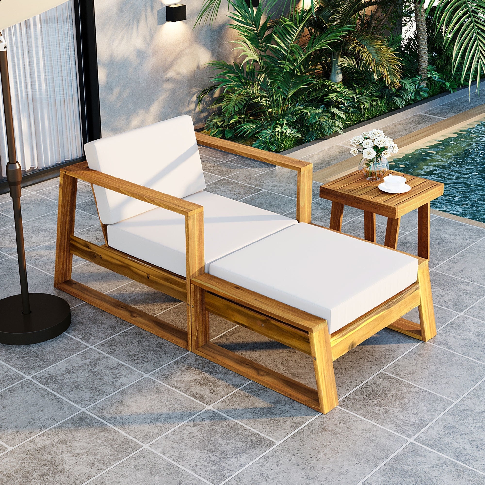 Outdoor Leisure Set With Removable Cushion Seat And Footstool All Weather Outdoor Recliner