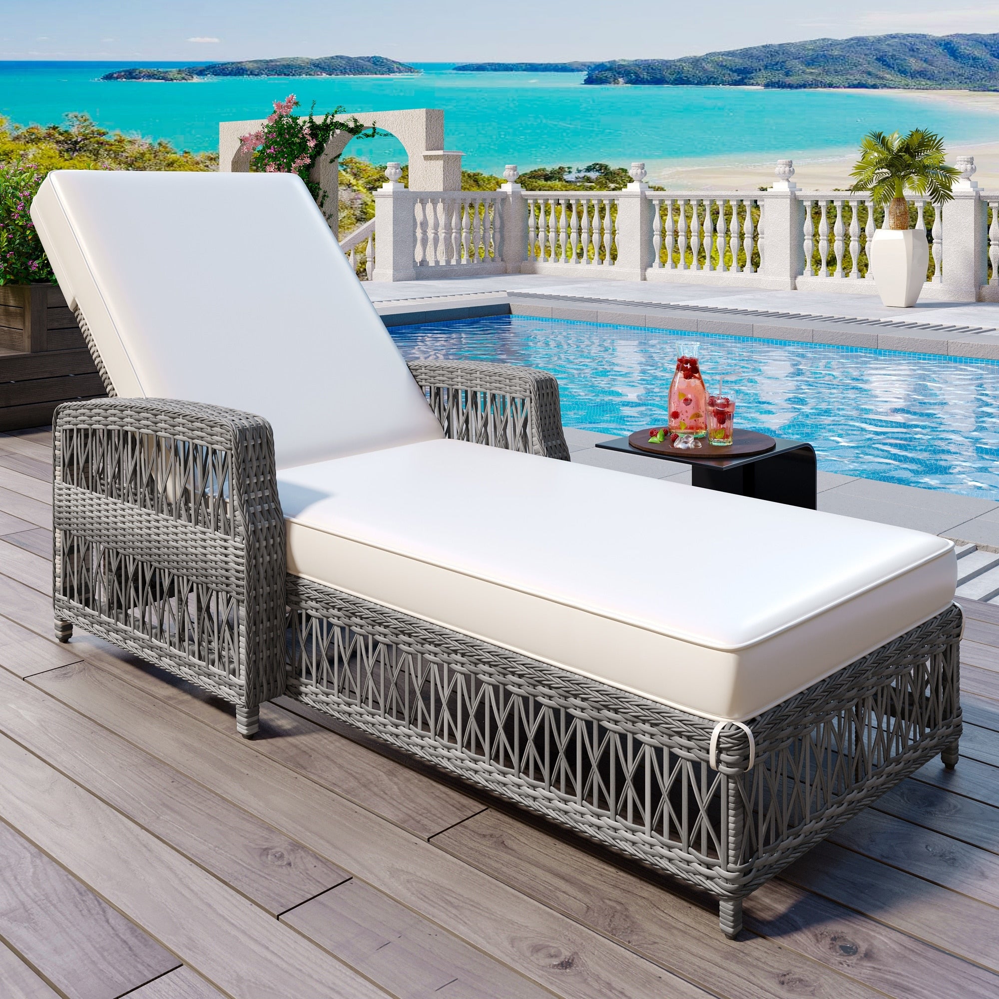Outdoor Lounge Chair With Adjustable Backrest And Soft Removable Cushion Rattan Armrest Relaxation Chair Rattan Pool Lounger