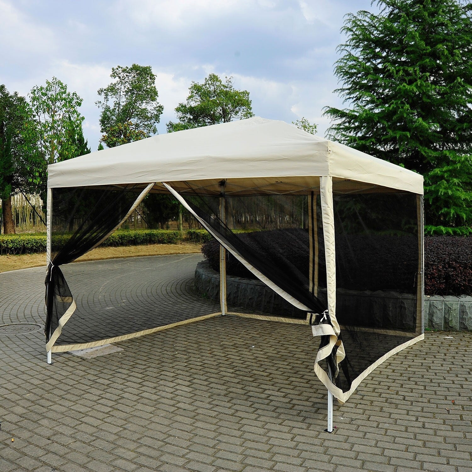 Outsunny 10 X 10 Easy Pop Up Canopy Tent With Mesh Side Walls Tan