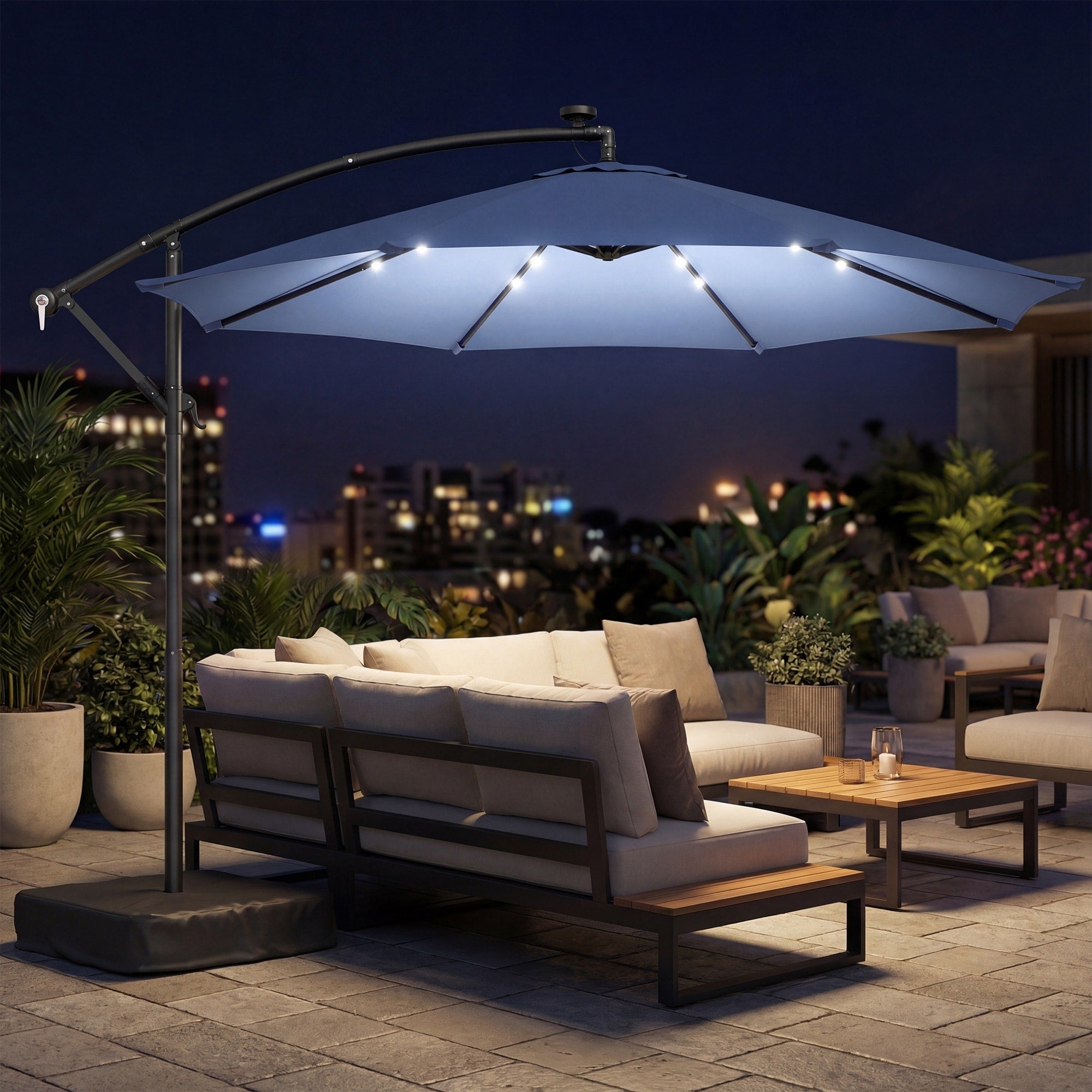 Outsunny 10 Ft Cantilever Patio Umbrella With Solar Led Light Sandbag Weight Offset Hanging Outdoor Market Umbrella