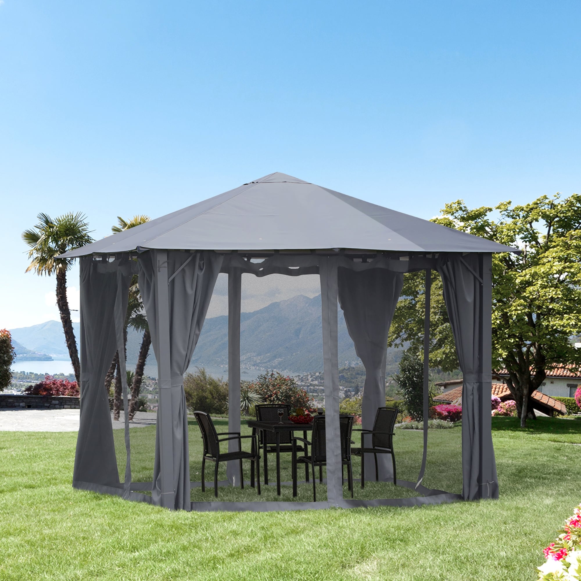 Outsunny 10 X 10 Soft Top Outdoor Pergola Canopy Gazebo With Beautiful Wood Grain Finish Zippered Sling Sidewalls