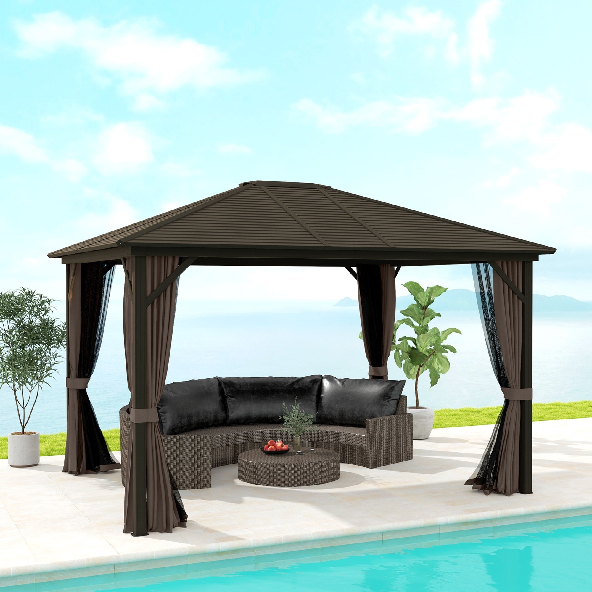 Outsunny 10 X 12 Hardtop Gazebo With Curtains And Netting Permanent Pavilion Metal Single Roof Gazebo Canopy