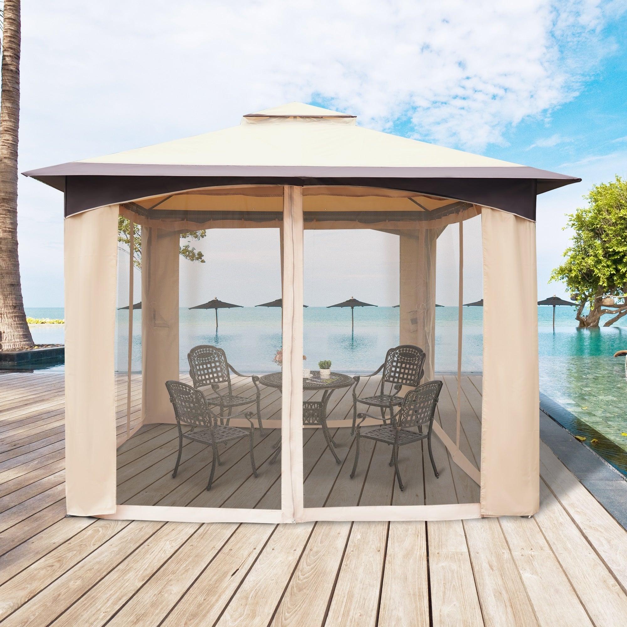 Soft Top Gazebo Canopy Outdoor With Double Roof Eaves Design And Mesh Netting Sidewall
