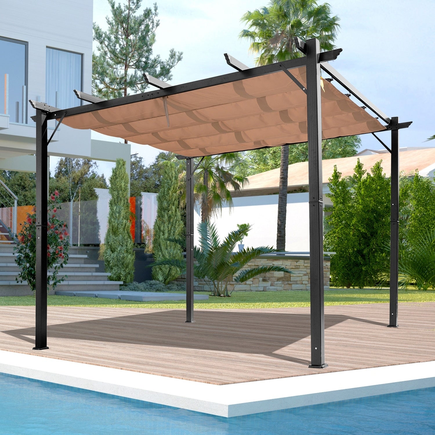 Outsunny 10 X 13 Steel Outdoor Patio Pergola Gazebo Backyard Canopy Cover Brown