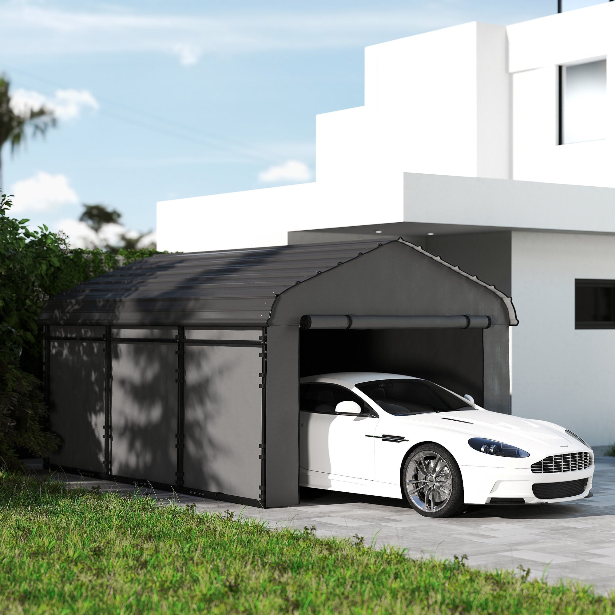 Outsunny 10 X 15 Heavy Duty Metal Carport Waterproof Garage Car Canopy Shelter With Galvanized Metal Roof