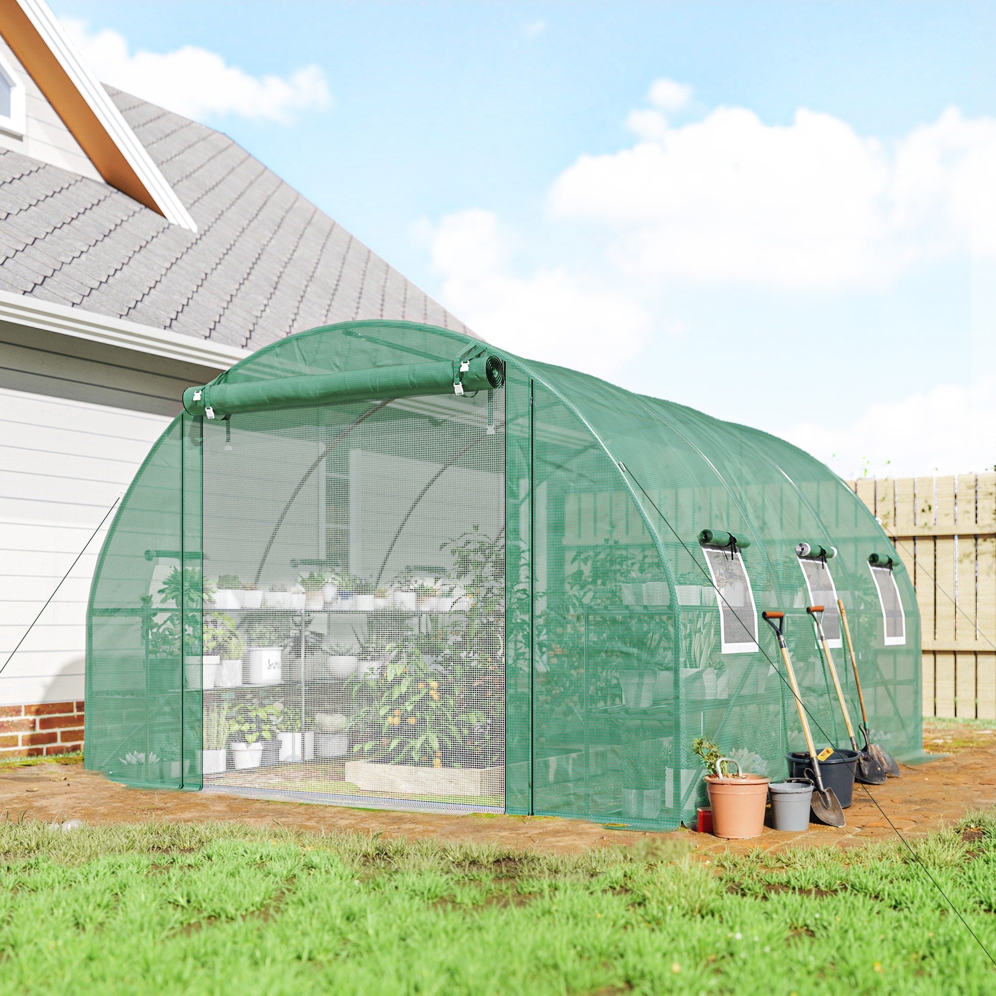 Outsunny 10X11X6 Walk In Tunnel Greenhouse With Shelves Mesh Door And Windows Hoop House Greenhouse With Pe Cover