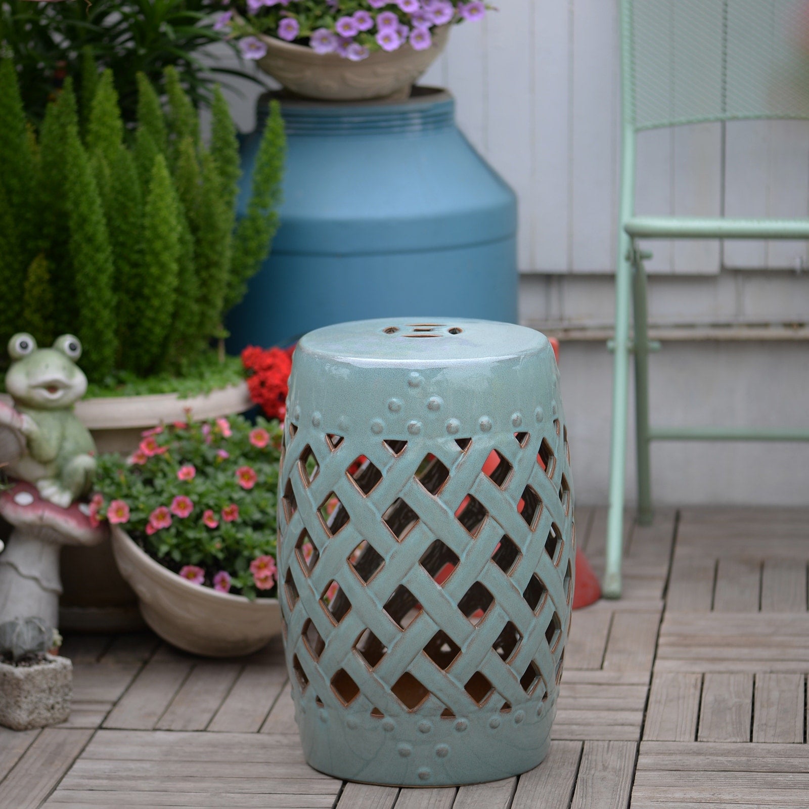Outsunny 13 Multi Use Ceramic Garden Stool Round Side Table Foot Rest With Lattice Ring Design Antique Blue Green