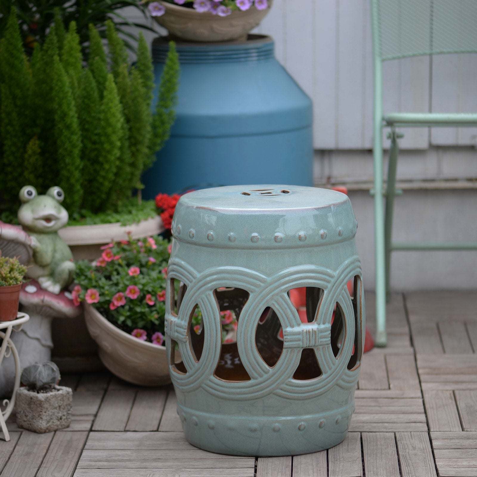 Outsunny 14 Multi Use Ceramic Garden Stool Round Side Table Foot Rest With Knotted Ring Design Antique Blue Green