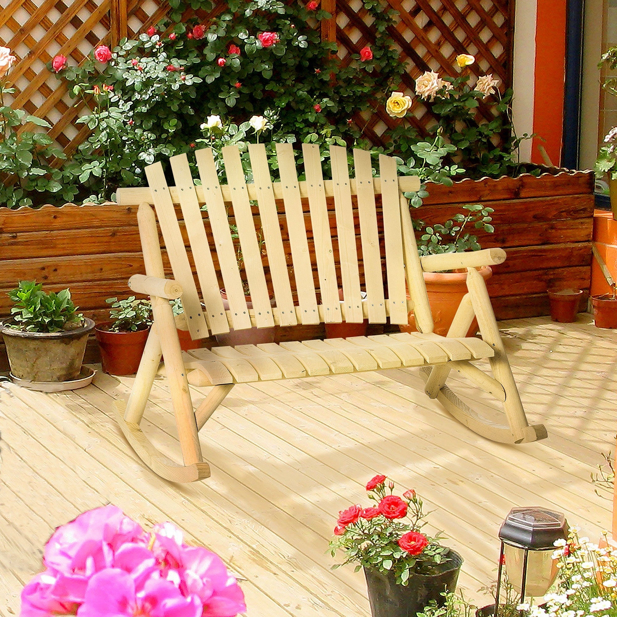Outsunny 2 Person Fir Wood Rustic Outdoor Patio Adirondack Rocking Chair Bench